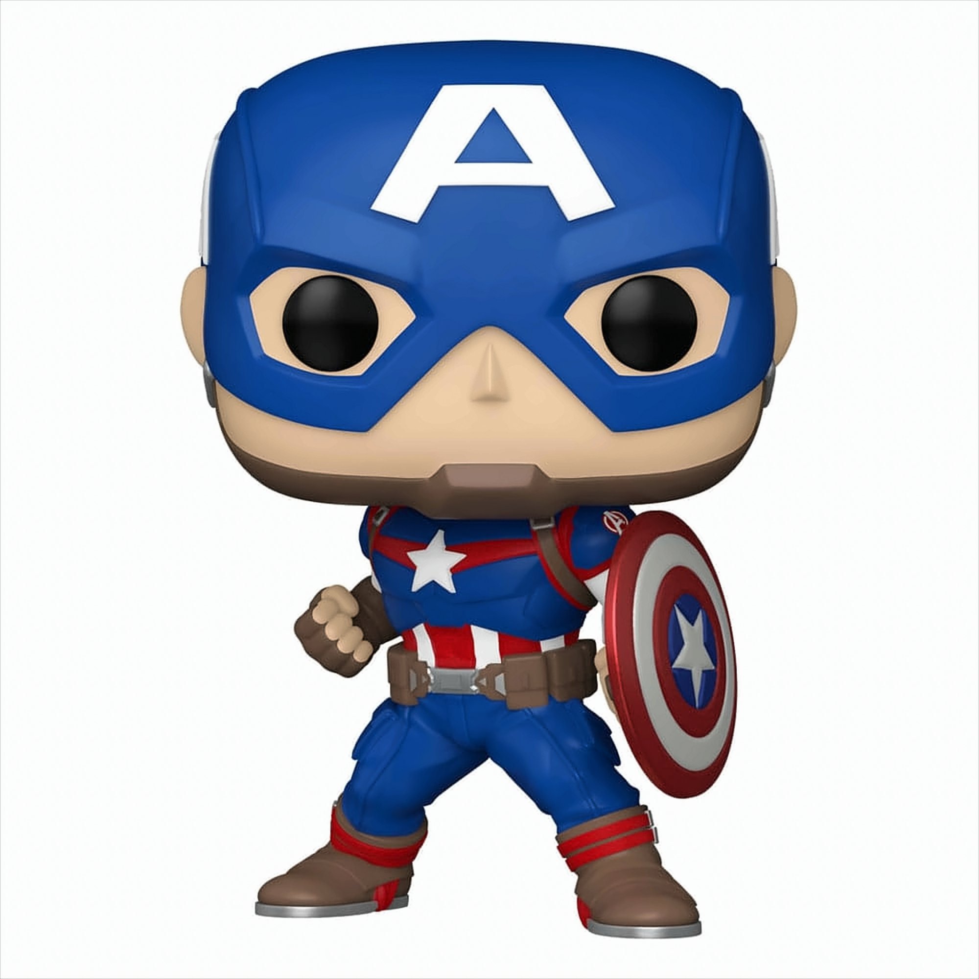 Figura Funko Pop di Captain America. Abito blu e rosso, scudo in mano, su sfondo bianco.