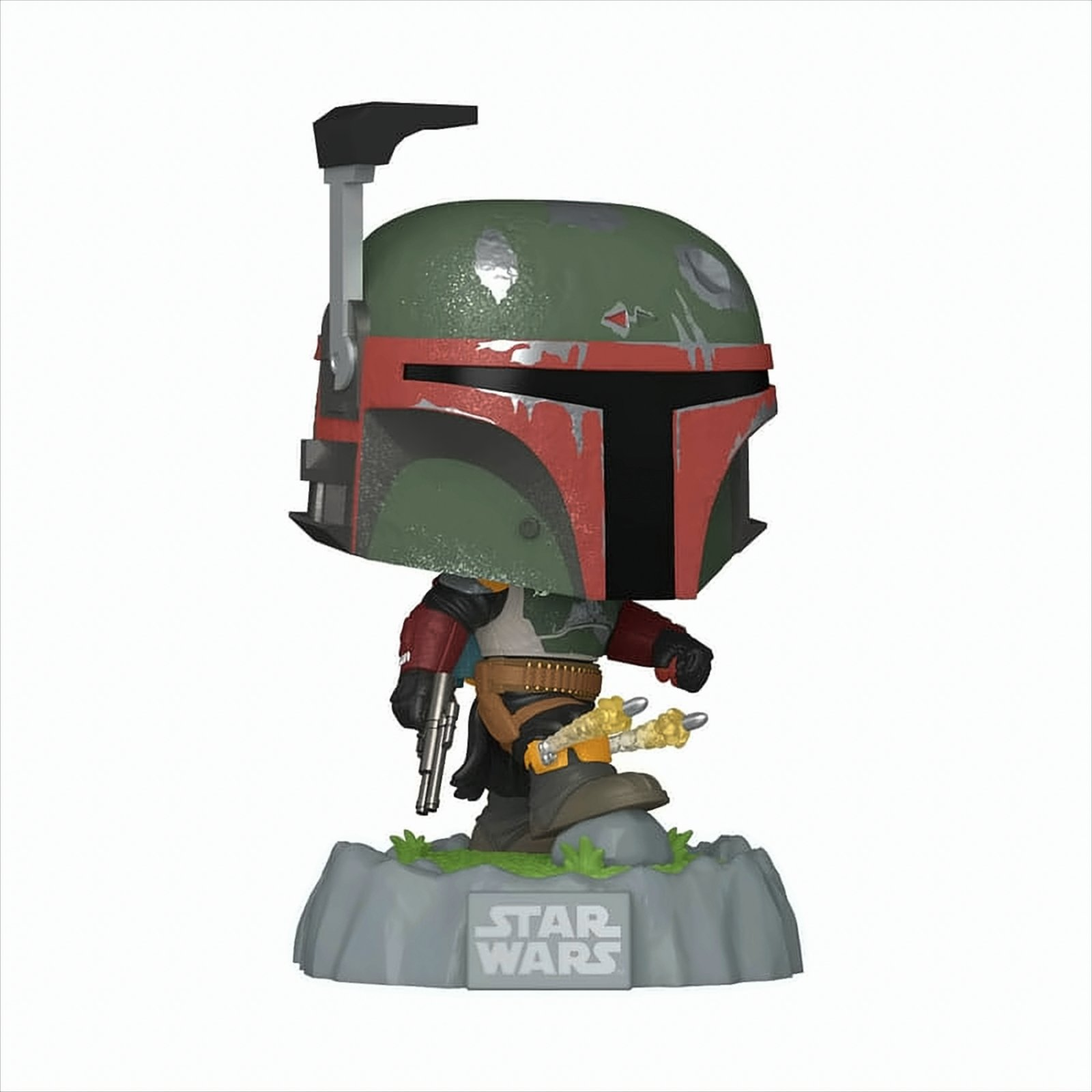 Figura di Boba Fett. Elmetto verde, rosso e nero. Poggia su una base grigia con il testo Star Wars.