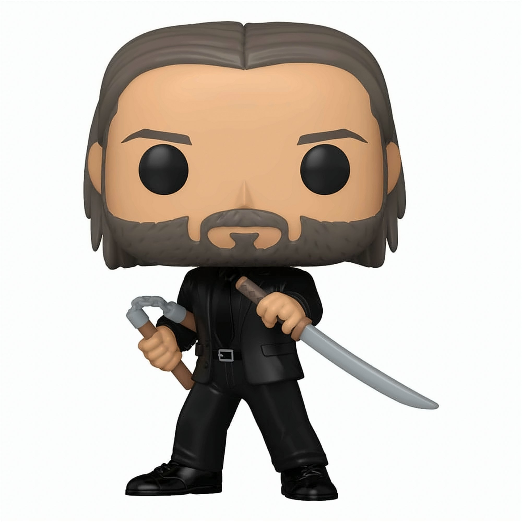 Une figurine Funko Pop d'un homme avec une barbe et des armes.