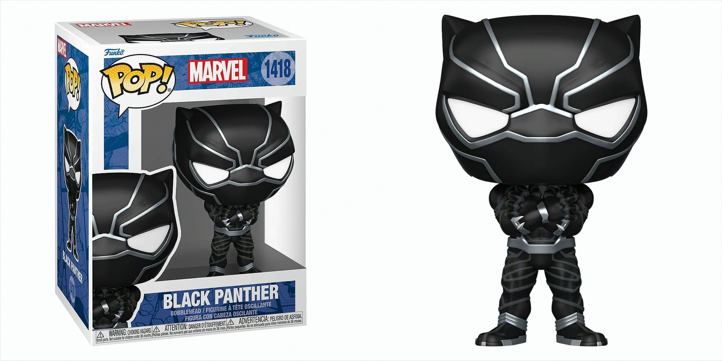 Figura Funko Pop di Black Panther con una scatola. La figura di Black Panther ha un costume e una maschera neri.