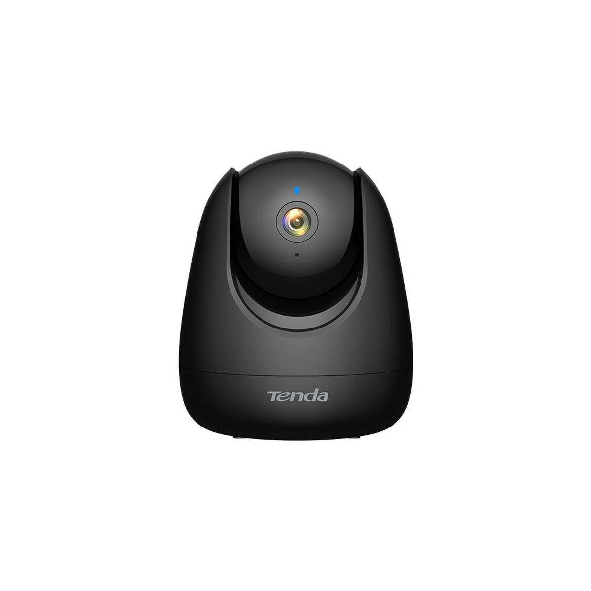 Telecamera di sicurezza nera. Ha una forma arrotondata con un obiettivo e il marchio 'Tenda'.