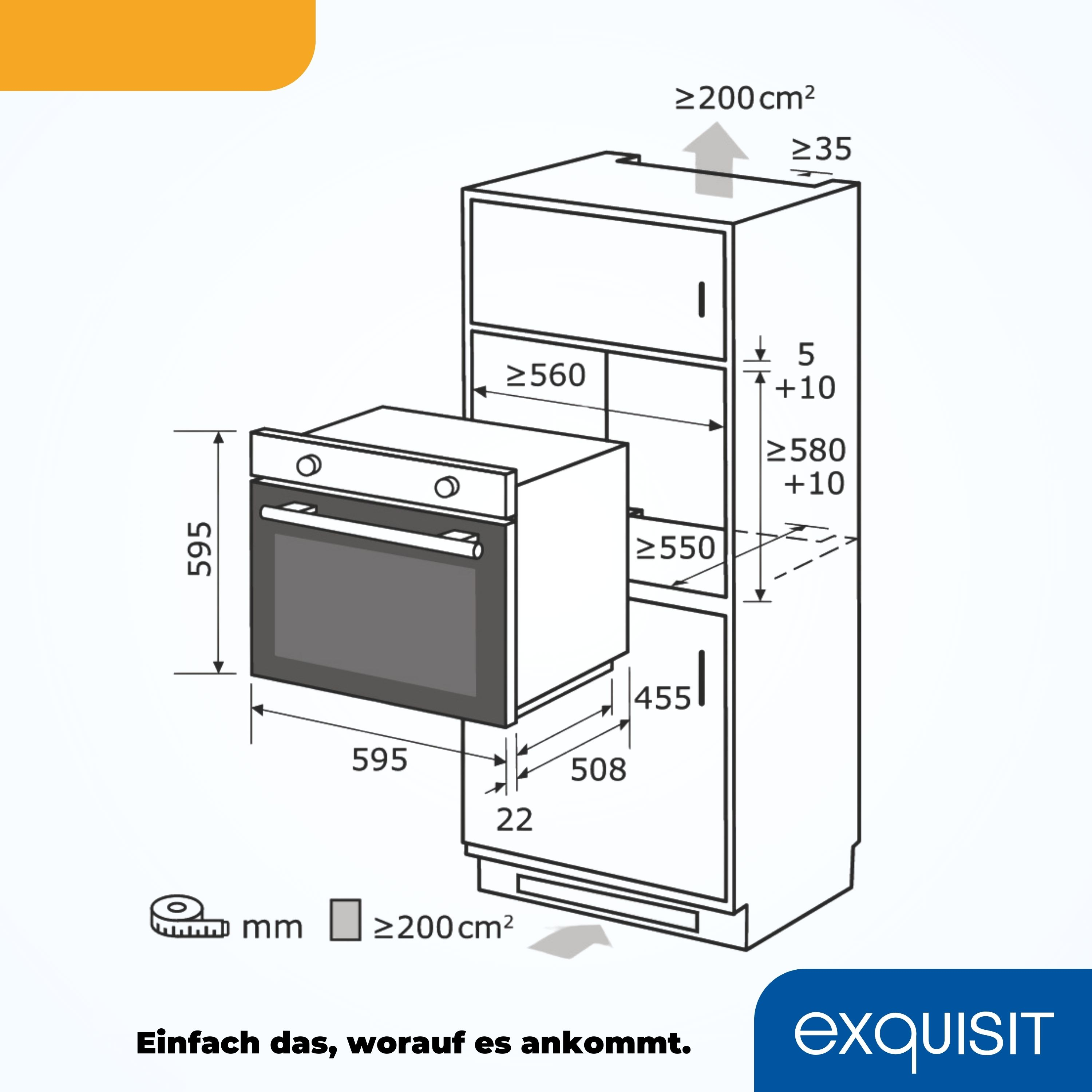 Un diagrama de un horno y armario, con dimensiones etiquetadas, que muestra las instrucciones de instalación sobre un fondo blanco.