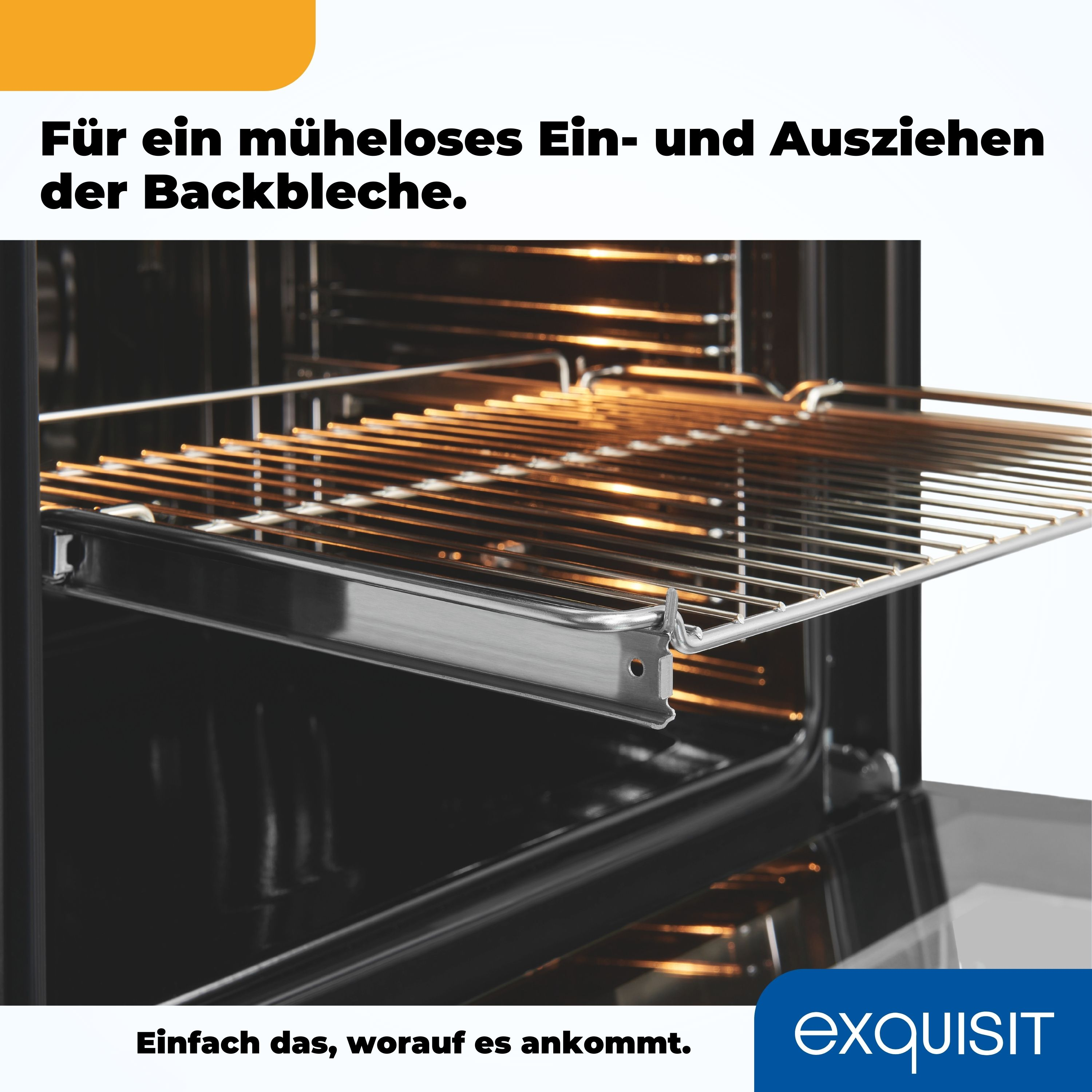 Interior de un horno con rejilla metálica extendida y texto en alemán: 'Einfach das, worauf es ankommt'.