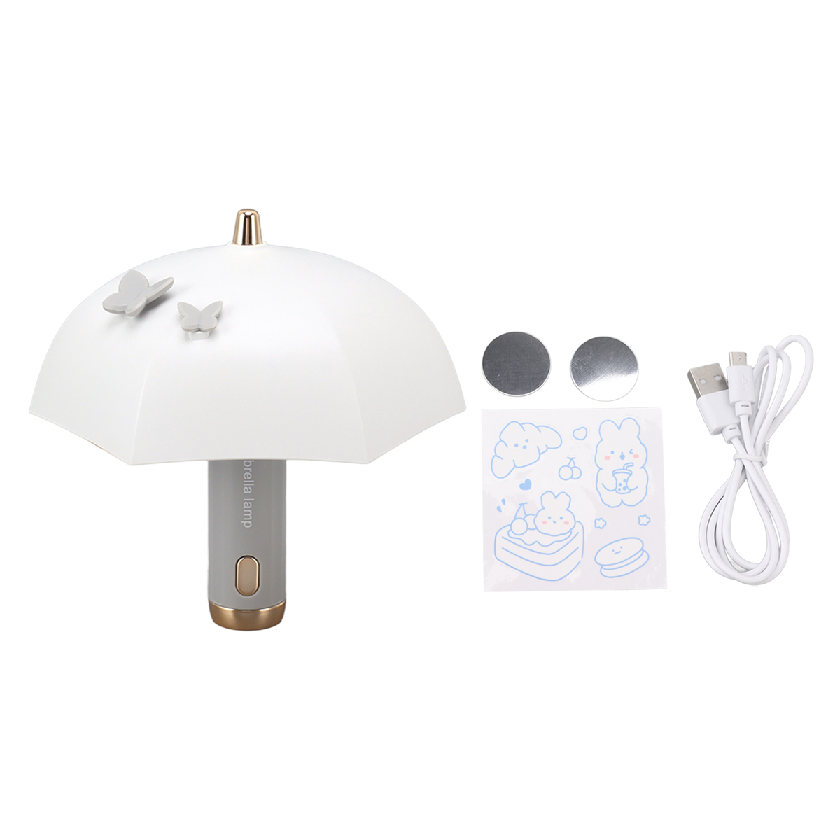 Weiße schirmförmige Lampe mit Schmetterlingen und Aufklebern, einem USB-Kabel und zwei runden Aufklebern.