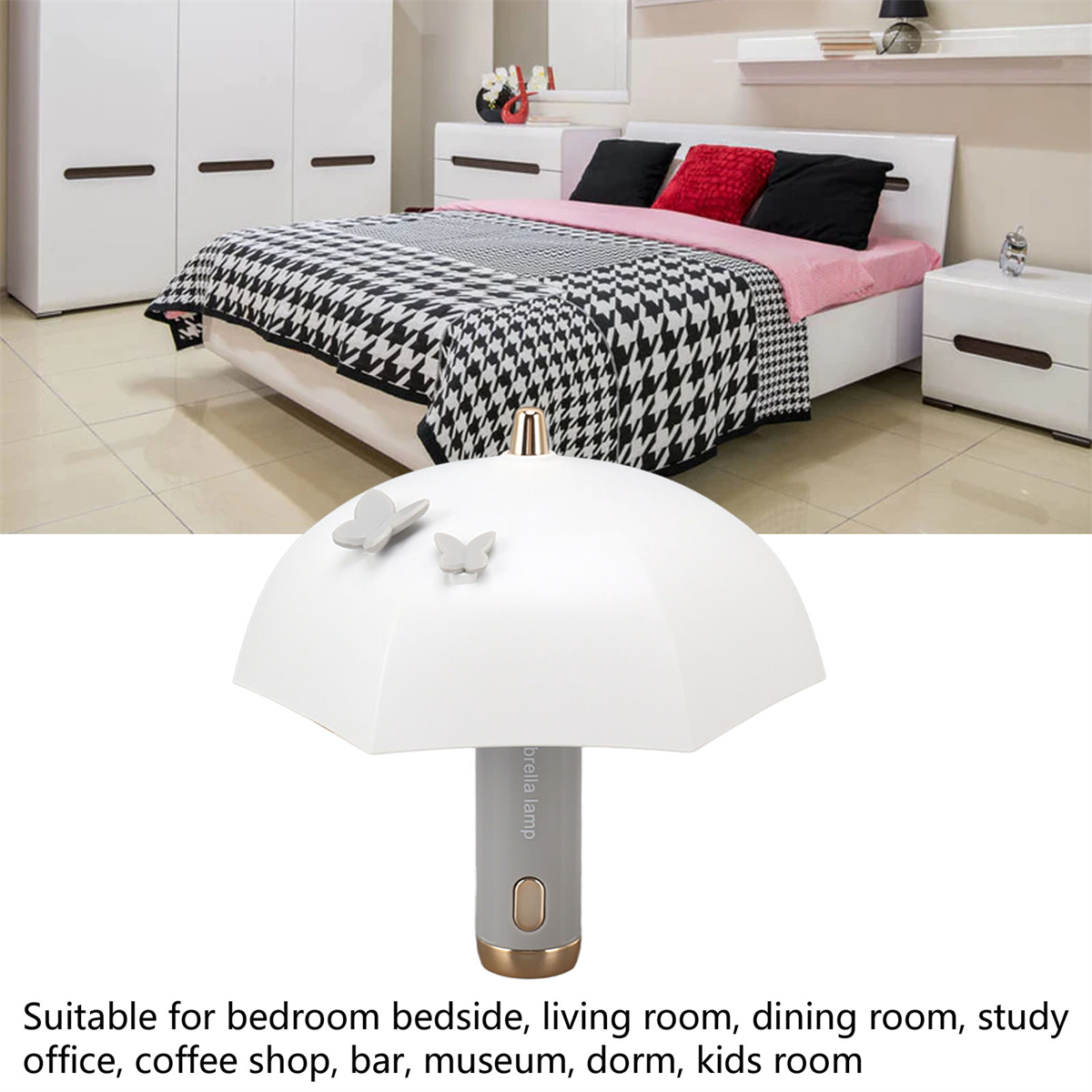 Schirmförmige Lampe. Sie steht auf einem Tisch in einem Schlafzimmer. Text: Geeignet für Schlafzimmer, Wohnzimmer...