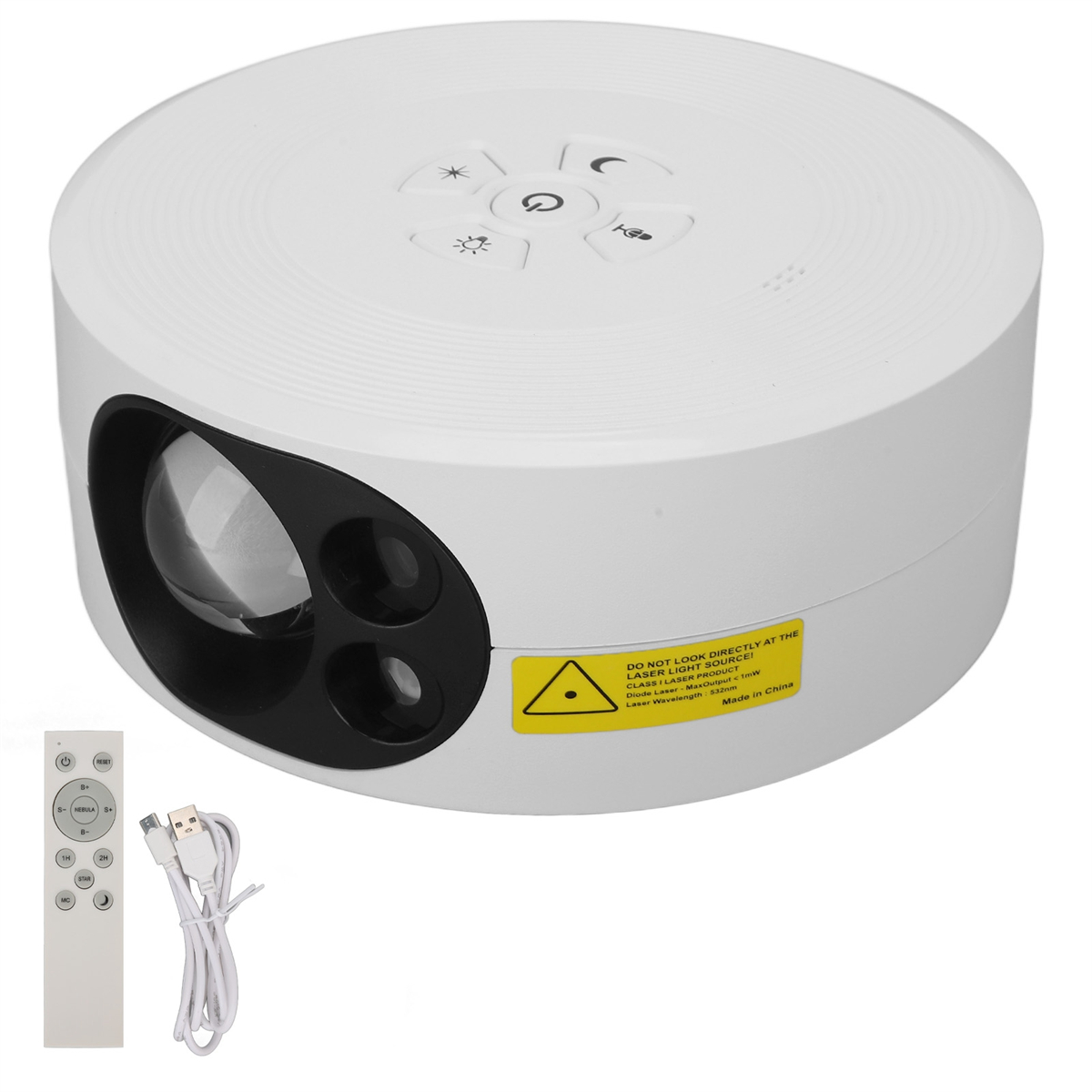 Weißer runder Projektor mit Knöpfen, Fernbedienung und USB-Kabel.