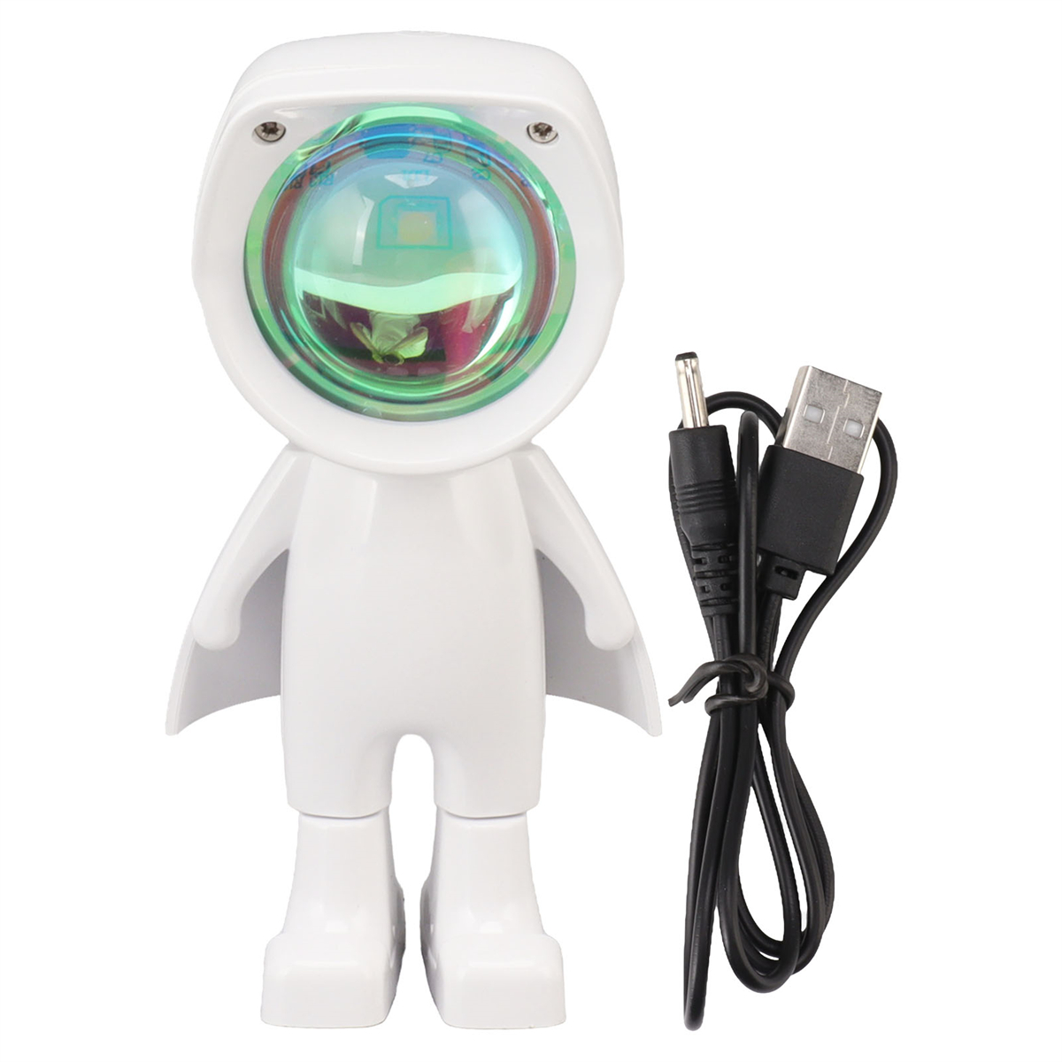 Weiße roboterförmige Lampe mit USB-Kabel. Sie hat eine farbenfrohe Linse und ein schwarzes Kabel.