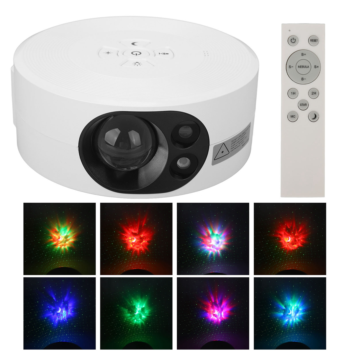 Weißer Projektor mit Fernbedienung und eine Reihe farbenfroher Lichtmuster.