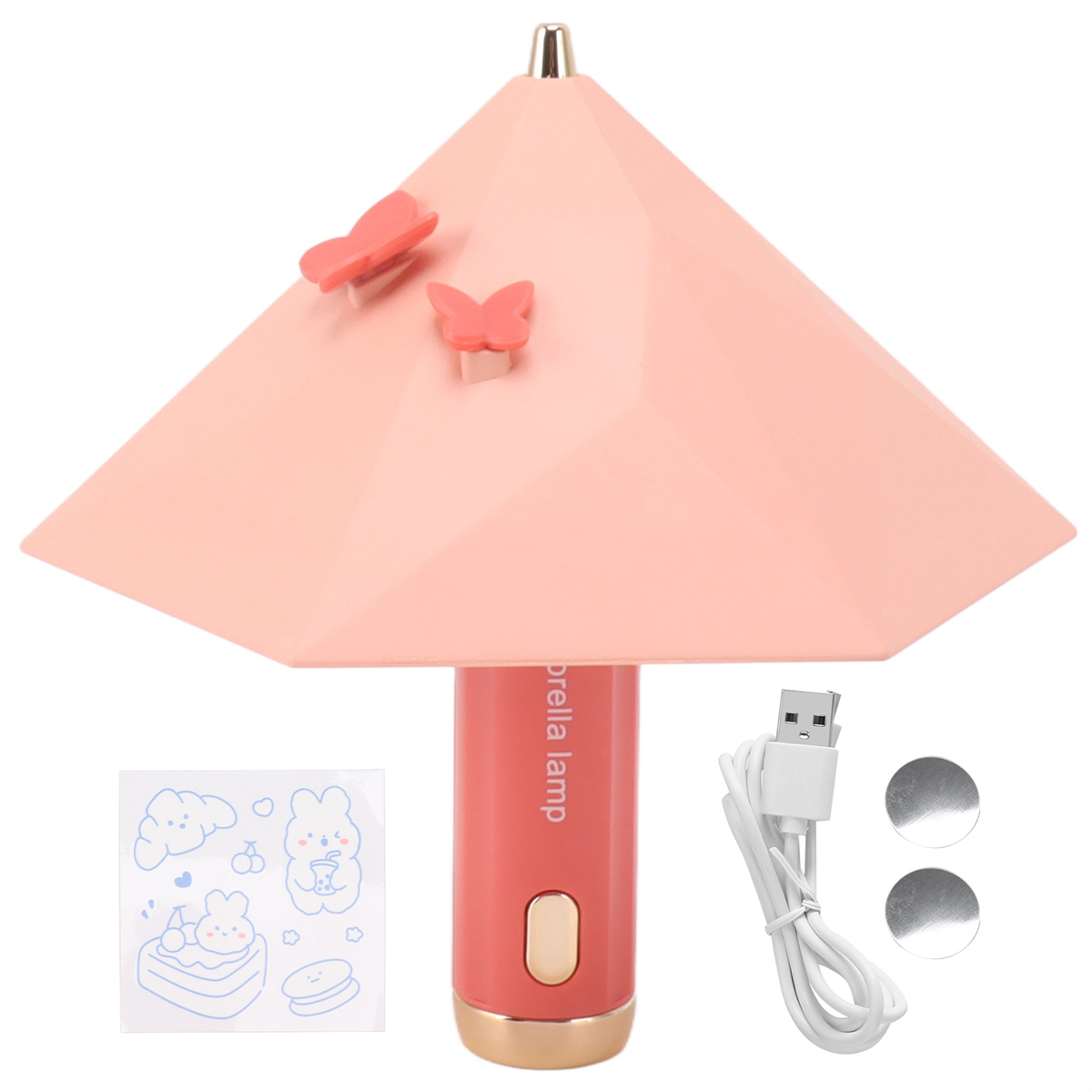 Rosa Schirmlampe mit Schmetterlingen. Enthält Aufkleber, USB-Kabel und Batterien.