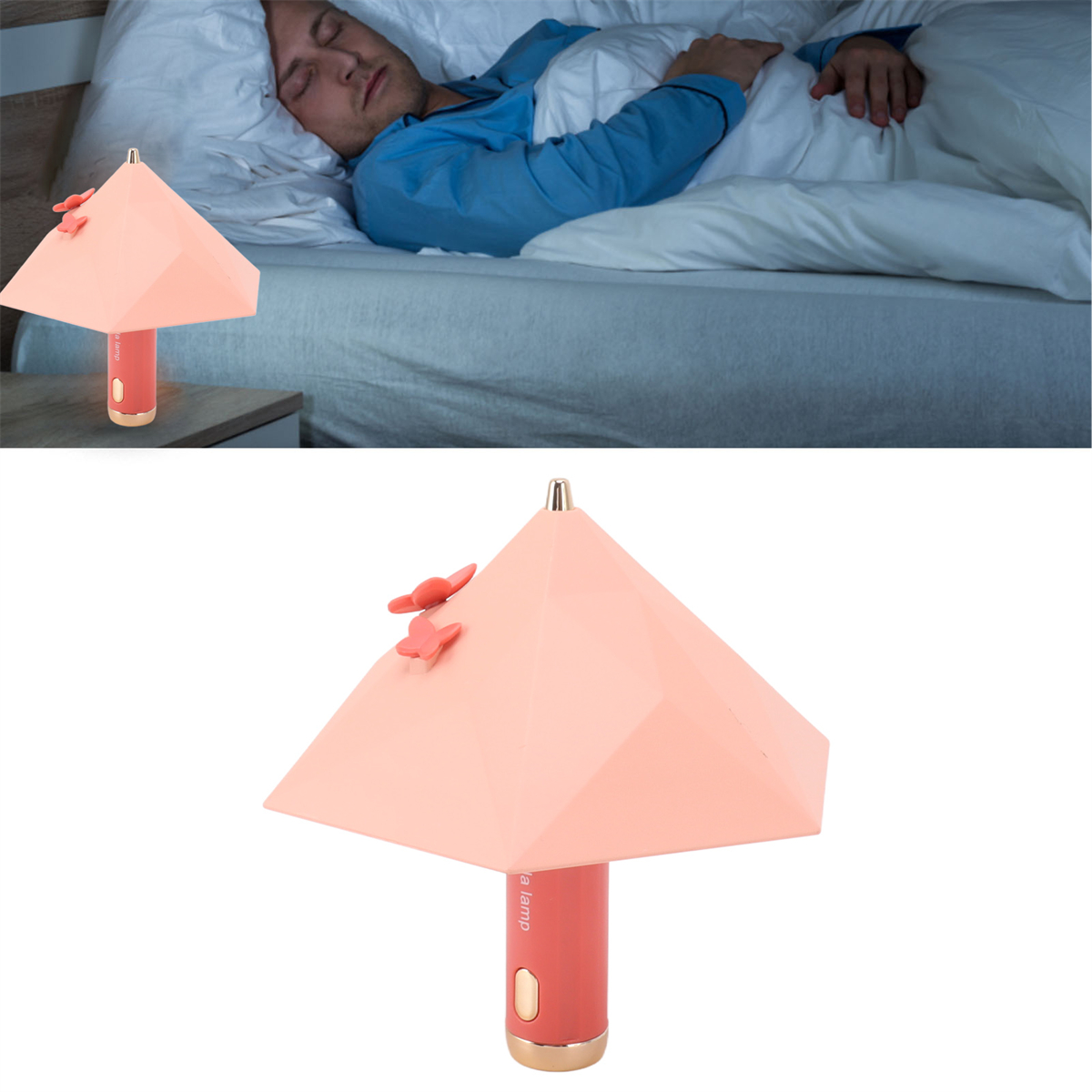 Rosa Lampe auf einem Nachttisch und ein Mann, der in einem Bett schläft.