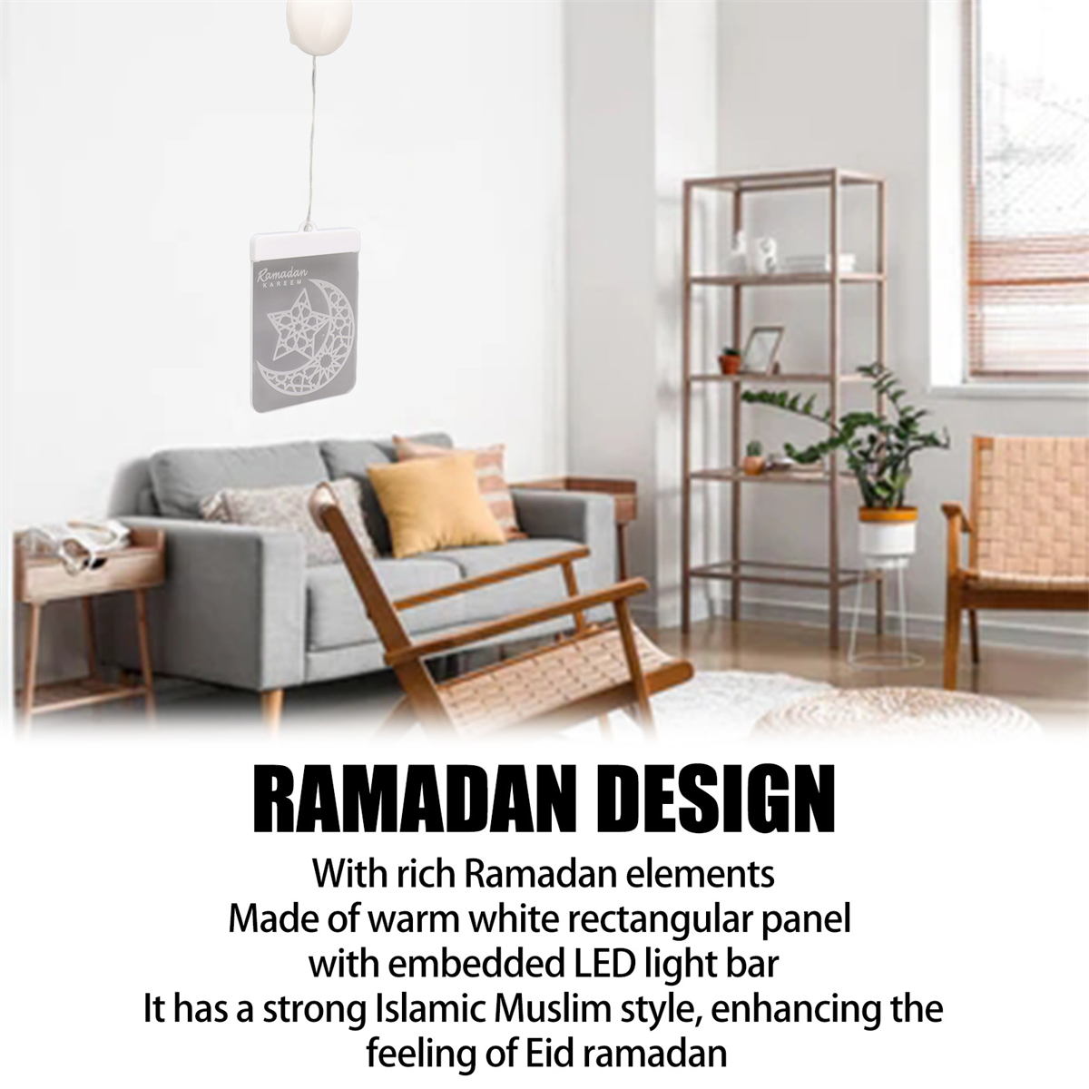 Ramadan-Design. Eine moderne Wohnzimmerszene mit einem dekorativen Panel mit Mond- und Sterndesign.