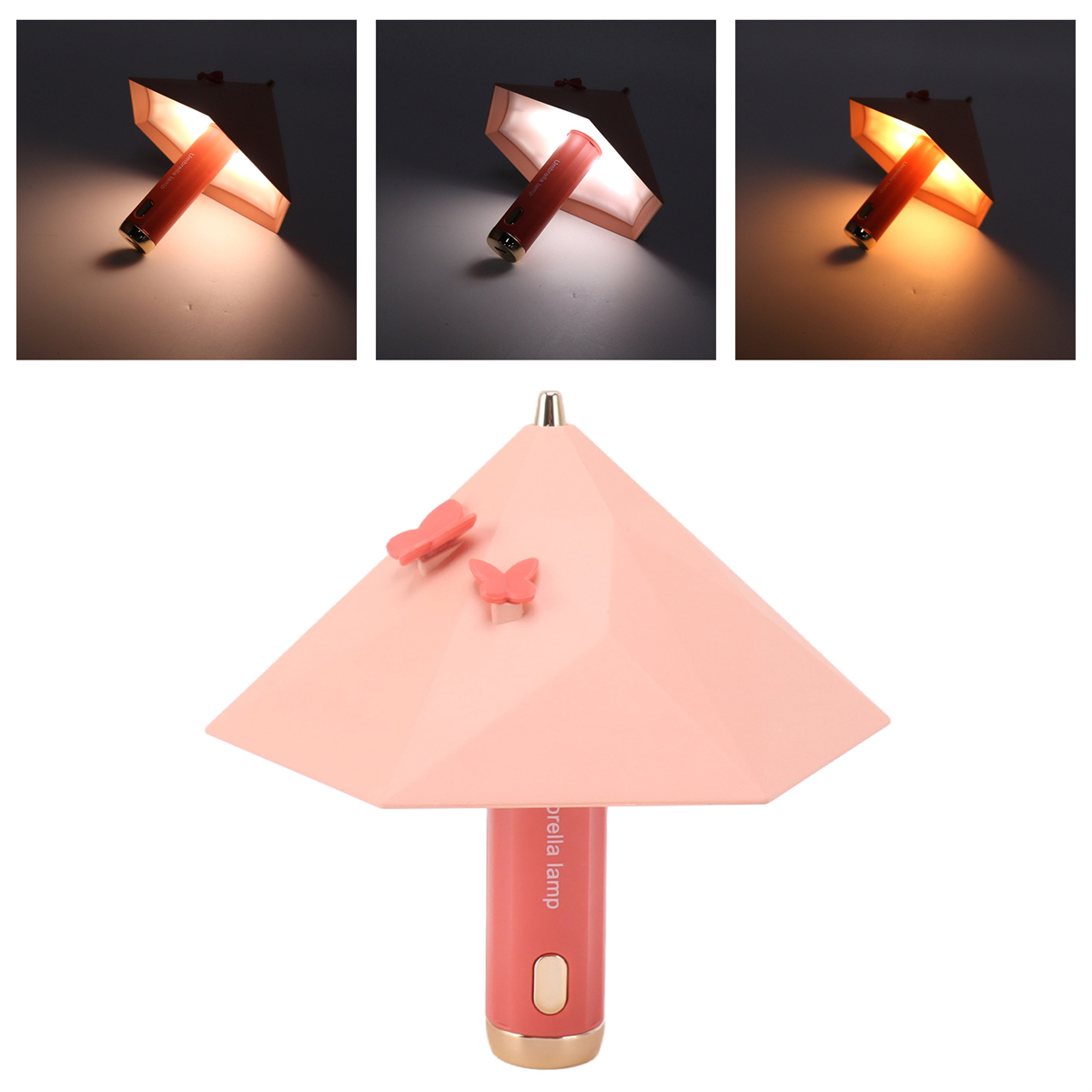 Eine rosa Schirmlampe mit Schmetterlingen oben und drei Lichteinstellungen darüber angezeigt.