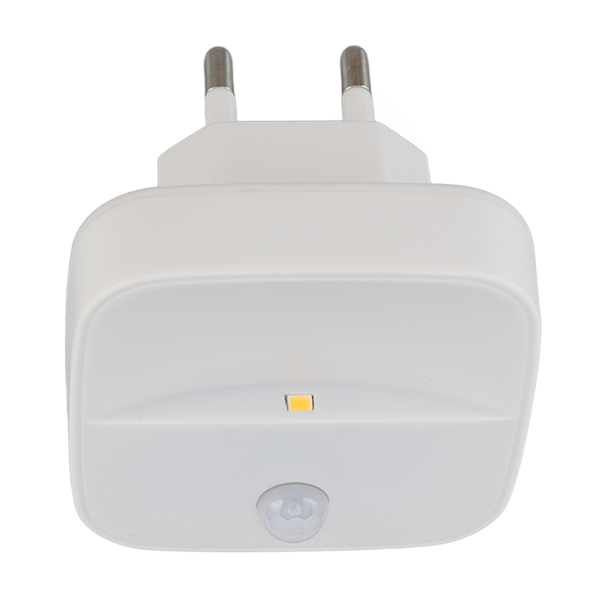 Weißes, wandmontiertes Nachtlicht. Enthält einen Stecker, einen Sensor und ein kleines Licht.