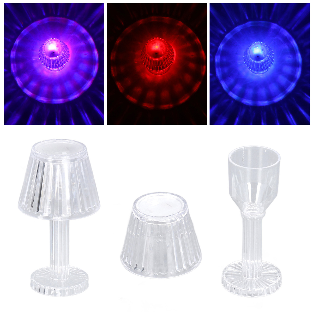 Drei transparente Lampen mit verschiedenfarbigem Licht. Eine ist eine Lampe, eine eine Abdeckung und die andere ein Kelch.