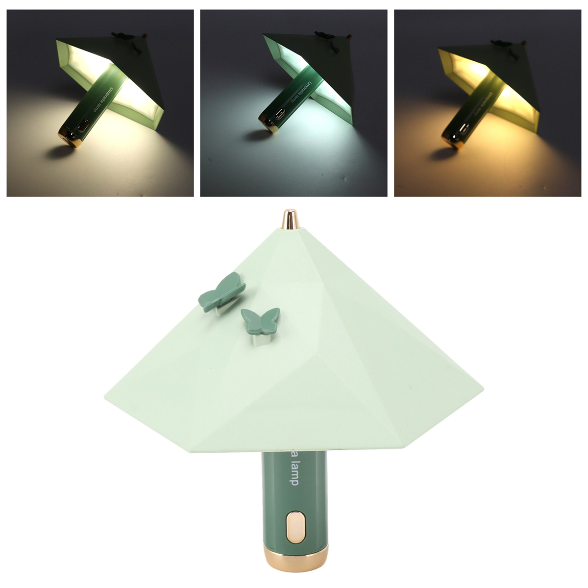 Eine grüne Schirmlampe mit Schmetterlingen oben und drei Lichteinstellungen darüber angezeigt.