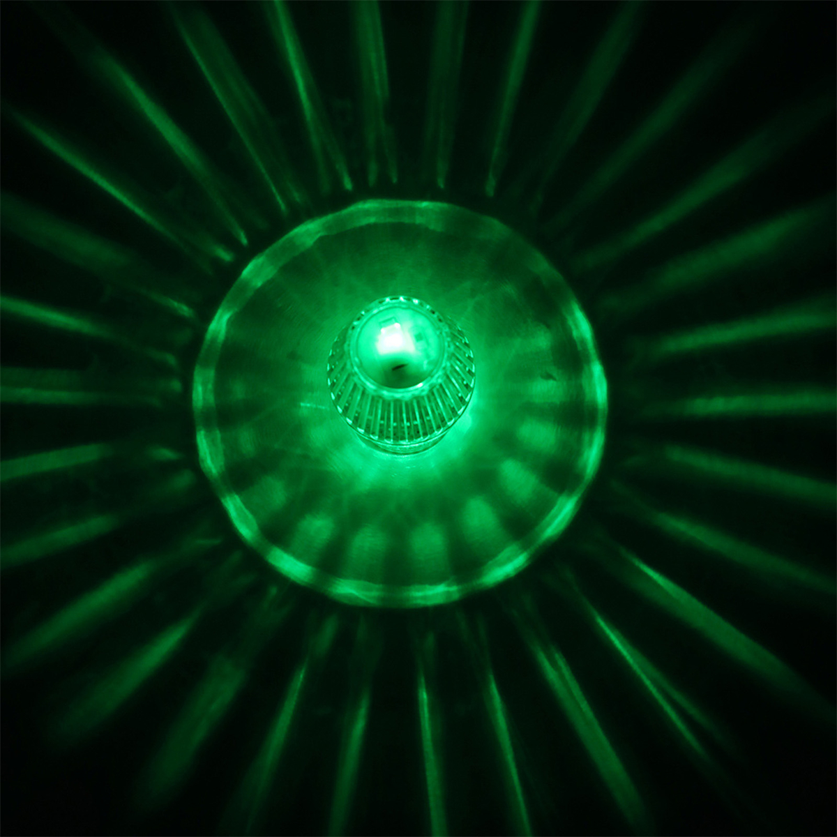 Ein grünes Licht mit einem Kreis und Strahlen. Der Hintergrund ist schwarz.