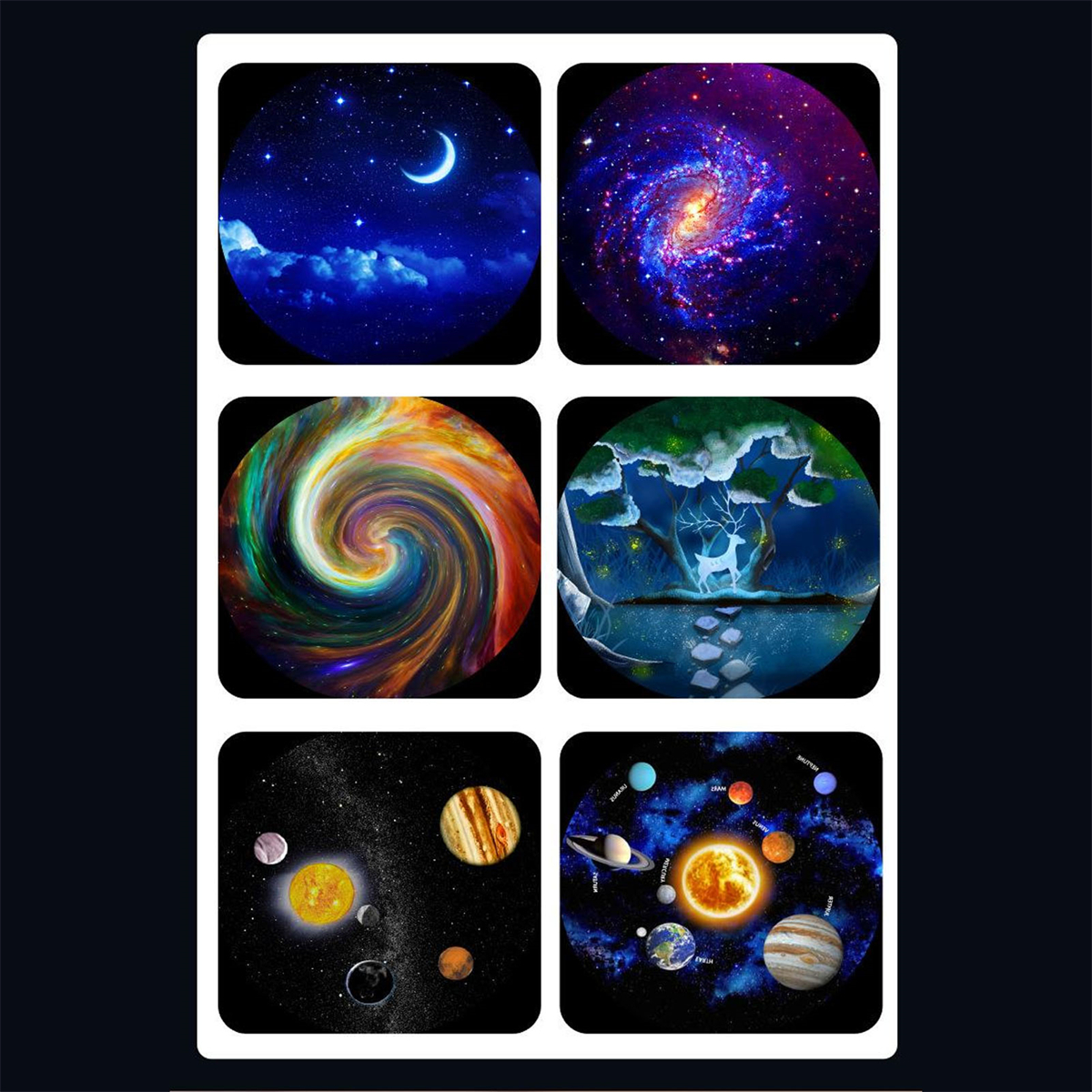 Sechs kreisförmige Bilder: Nachthimmel mit Mond, Galaxie, farbenfrohe Wirbel, Hirschszene, Sonnensystem und ein anderes Sonnensystem.