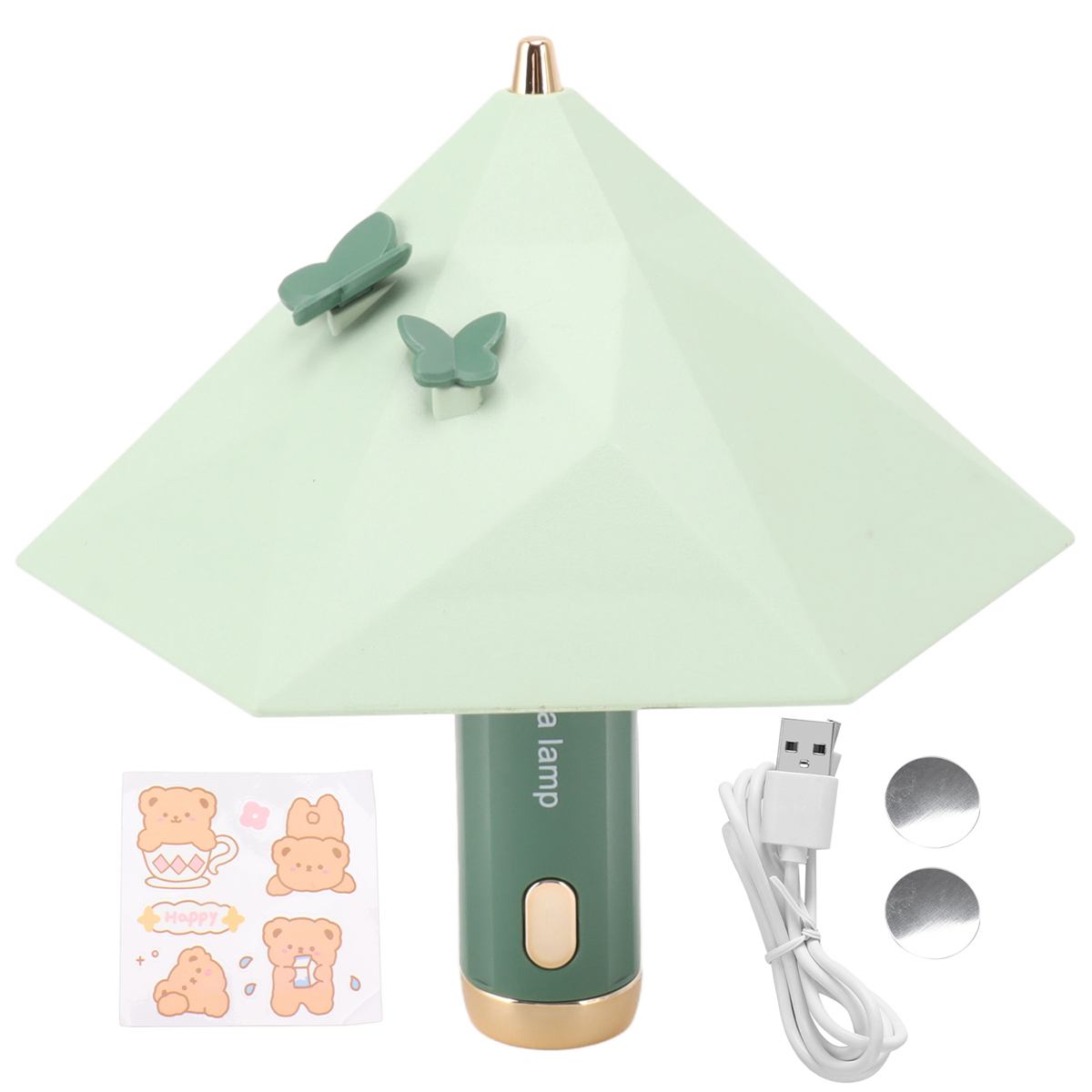 Grüne rautenförmige Lampe mit Schmetterlingen und Aufklebern, einem USB-Kabel und zwei runden Aufklebern.