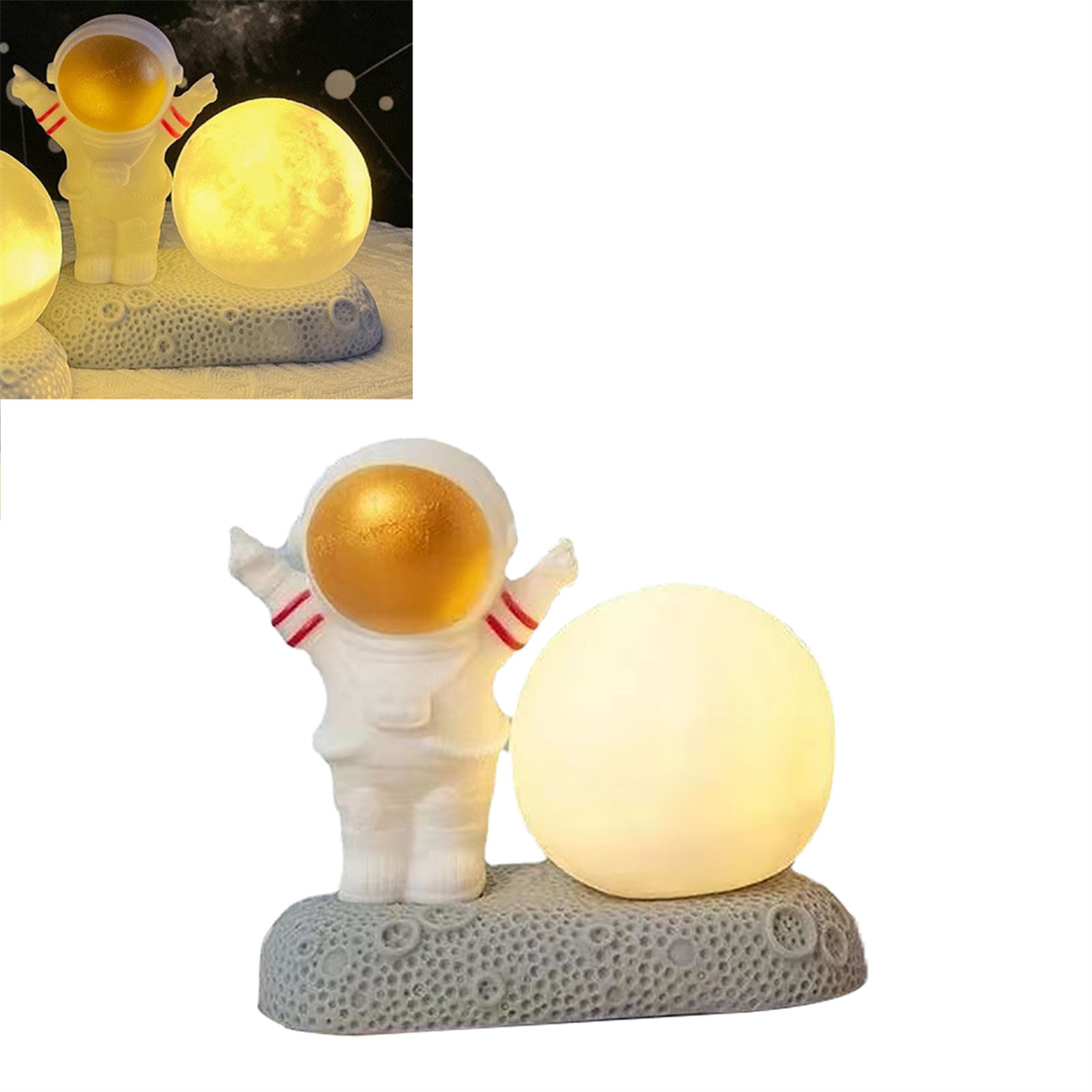 Astronautenlampe mit gelbem Mond. Kleine Figur, Mondbasis und beleuchteter Mond.