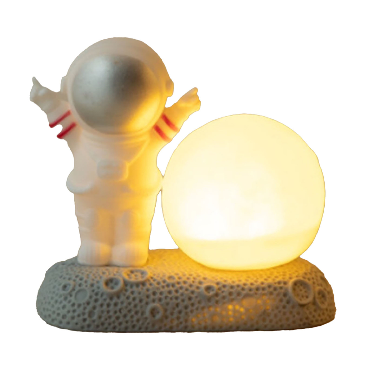 Eine Astronautenfigur mit einer Lichtkugel. Der Astronaut ist weiß mit roten Streifen, die Kugel ist gelb.