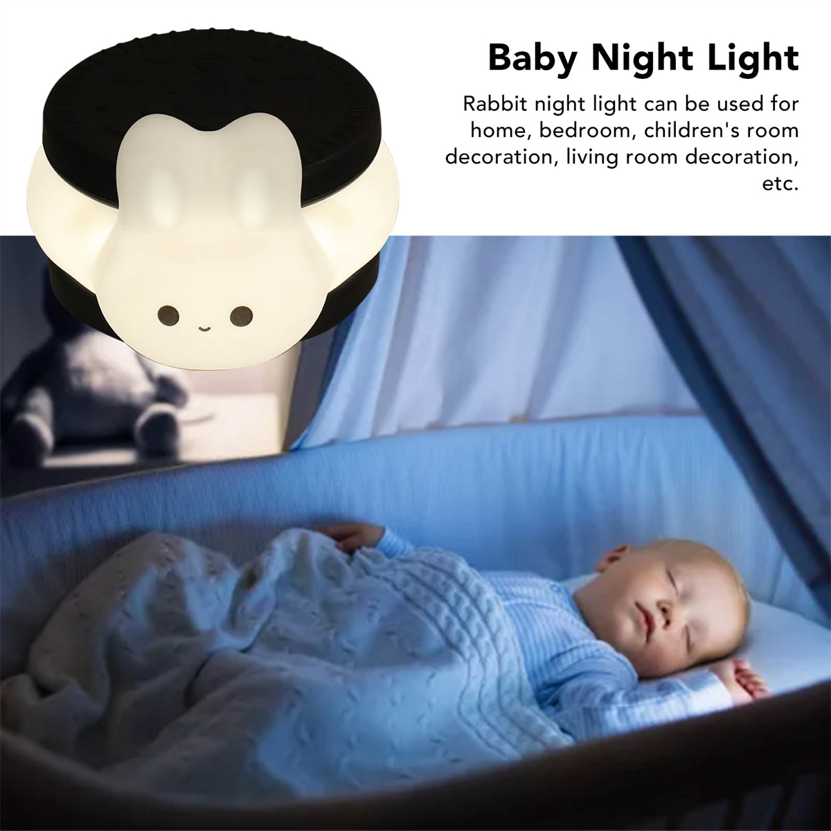 Baby schläft im Kinderbett mit einem Hasen-Nachtlicht.
