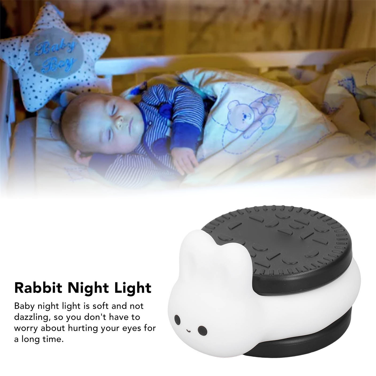 Ein Baby schläft in einem Gitterbett mit einem sternförmigen Kissen und einem Nachtlicht in Oreo-Keks-Form.