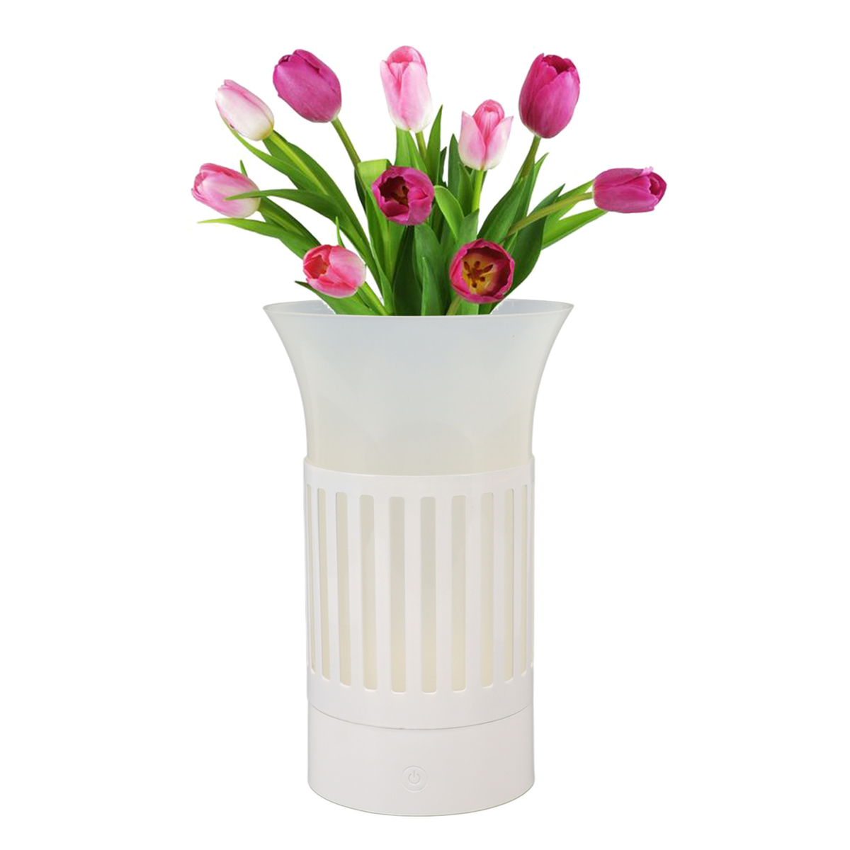 Weiße Vase mit rosa und lila Tulpen. Weißer Hintergrund.