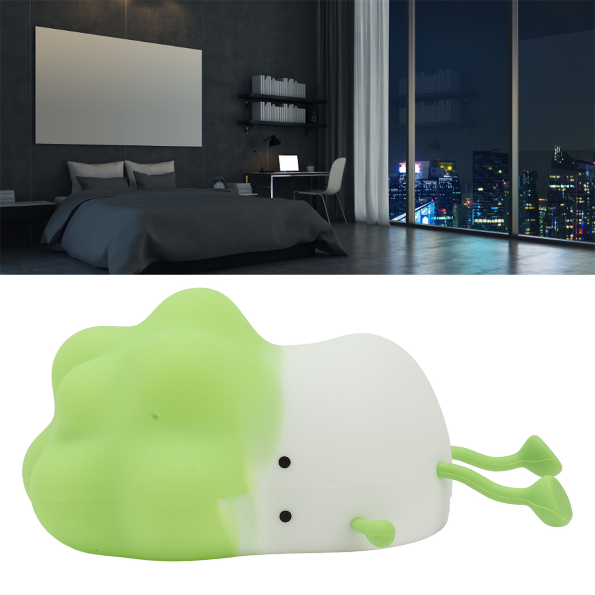 Ein Schlafzimmer mit Bett und Nachtansicht durch das Fenster. Eine radieschenförmige Lampe befindet sich im Vordergrund.