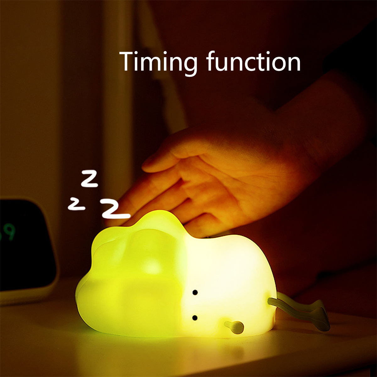 Ein gelbes Nachtlicht in Blattform mit einer Hand darüber, mit dem Wort 'Timing function'.