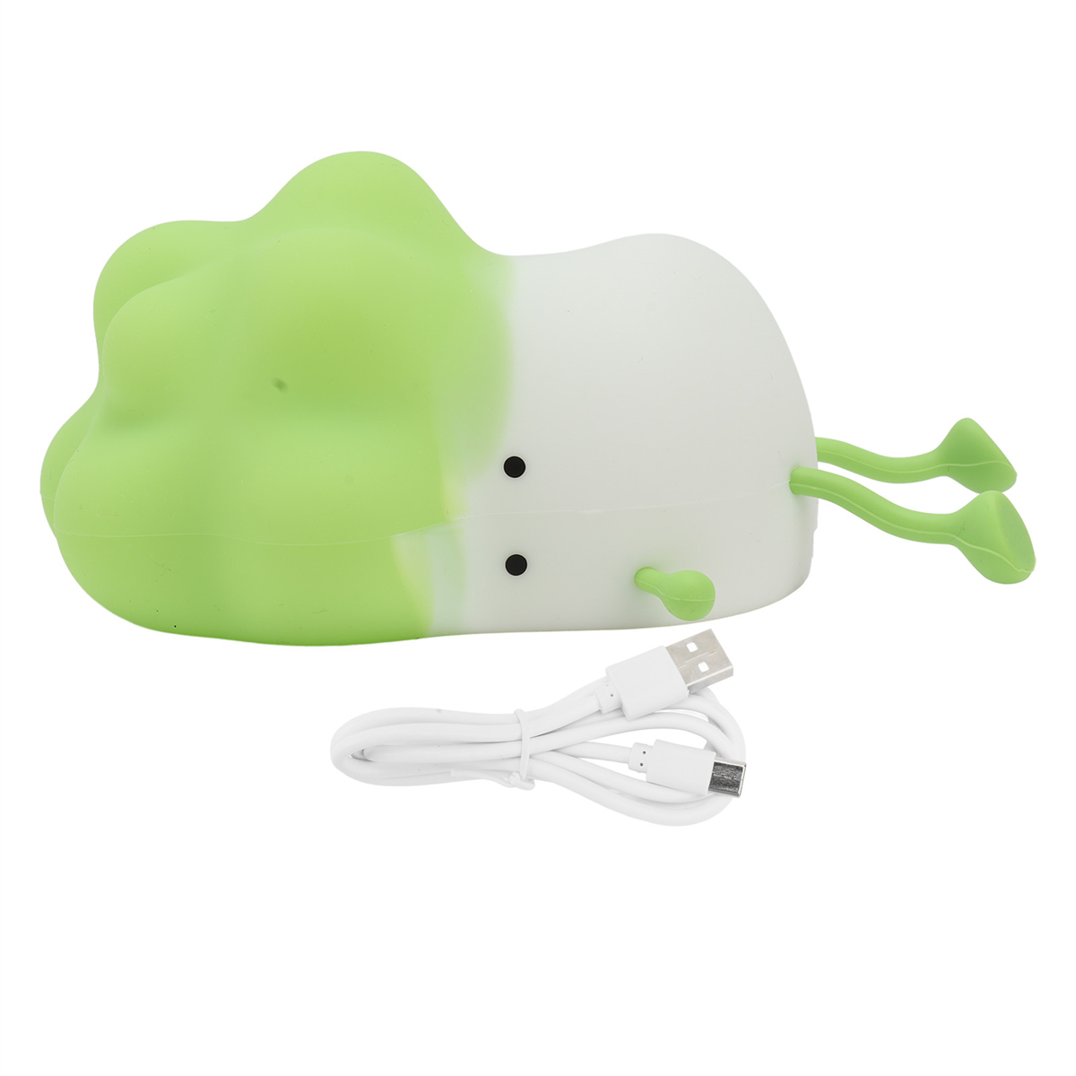 Grünes und weißes radieschenförmiges Nachtlicht mit USB-Kabel.