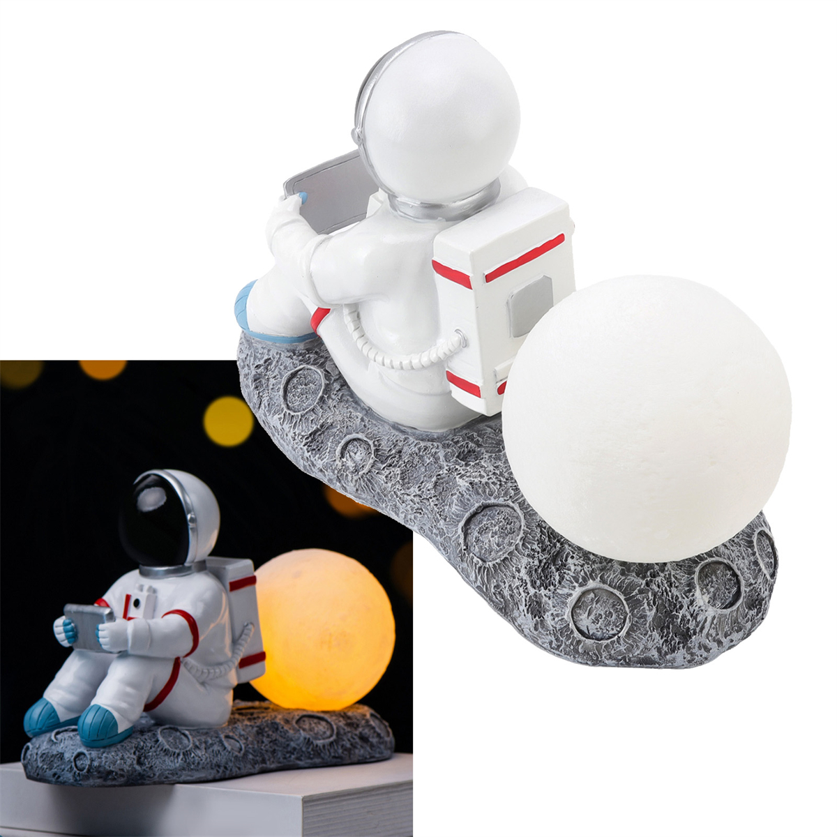 Eine Astronautenfigur auf einer mondähnlichen Basis mit Tablet und leuchtendem Mond. Eine andere im Vordergrund.