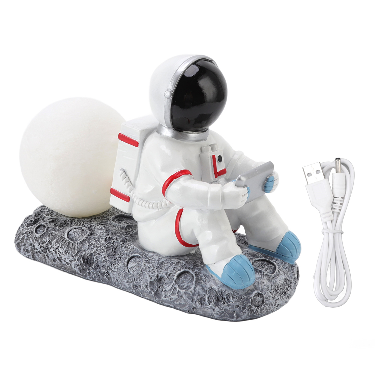 Astronautenlampe auf einer Mondbasis, hält ein Tablet. Weißes Licht vom Mond. Ein USB-Kabel ist vorhanden.