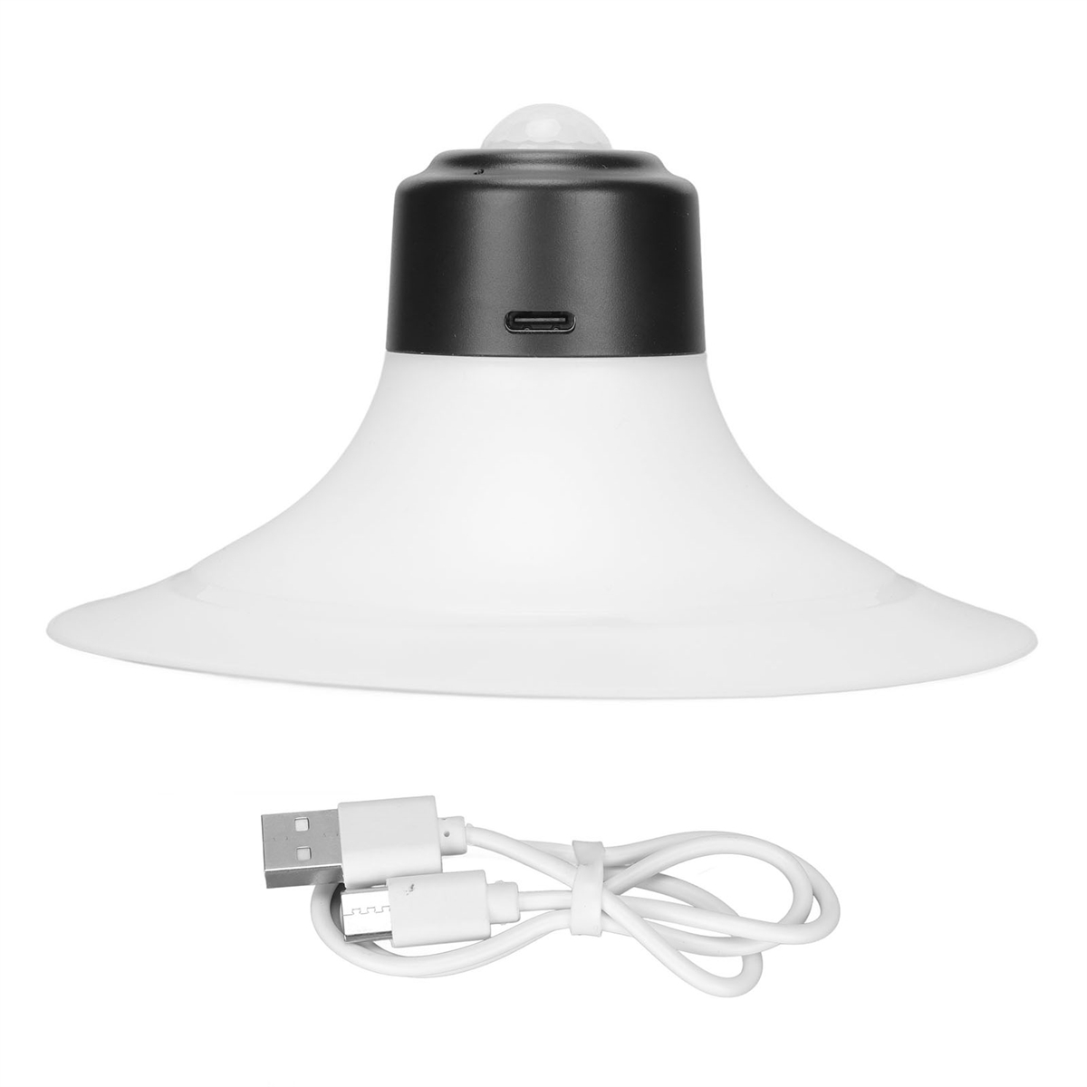 Eine weiße Lampe mit schwarzem Oberteil, USB-Kabel und weißem Sockel.