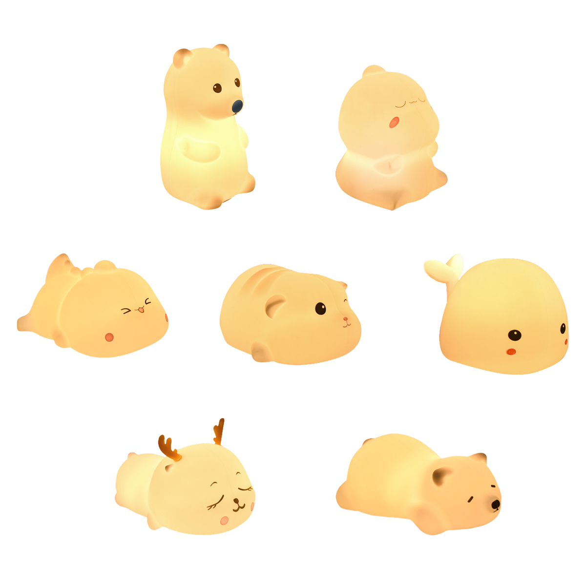 Eine Sammlung von Cartoon-Tierlampen. Es gibt einen Bären, eine Ente, einen Fisch, einen Hamster und ein Reh.