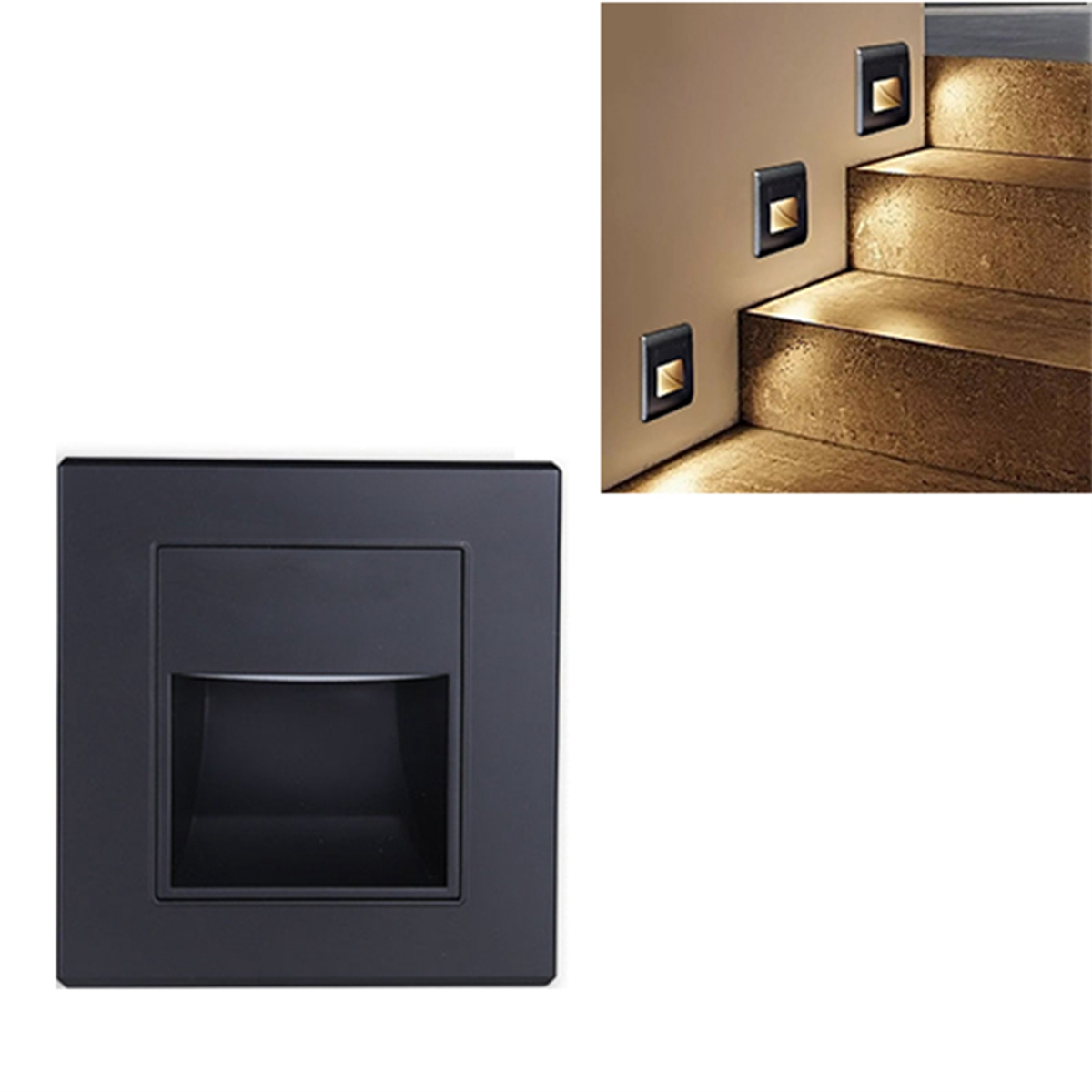 Schwarze, eingelassene quadratische Leuchten, installiert in einer Wand und auf einer Treppe mit warmem Licht.