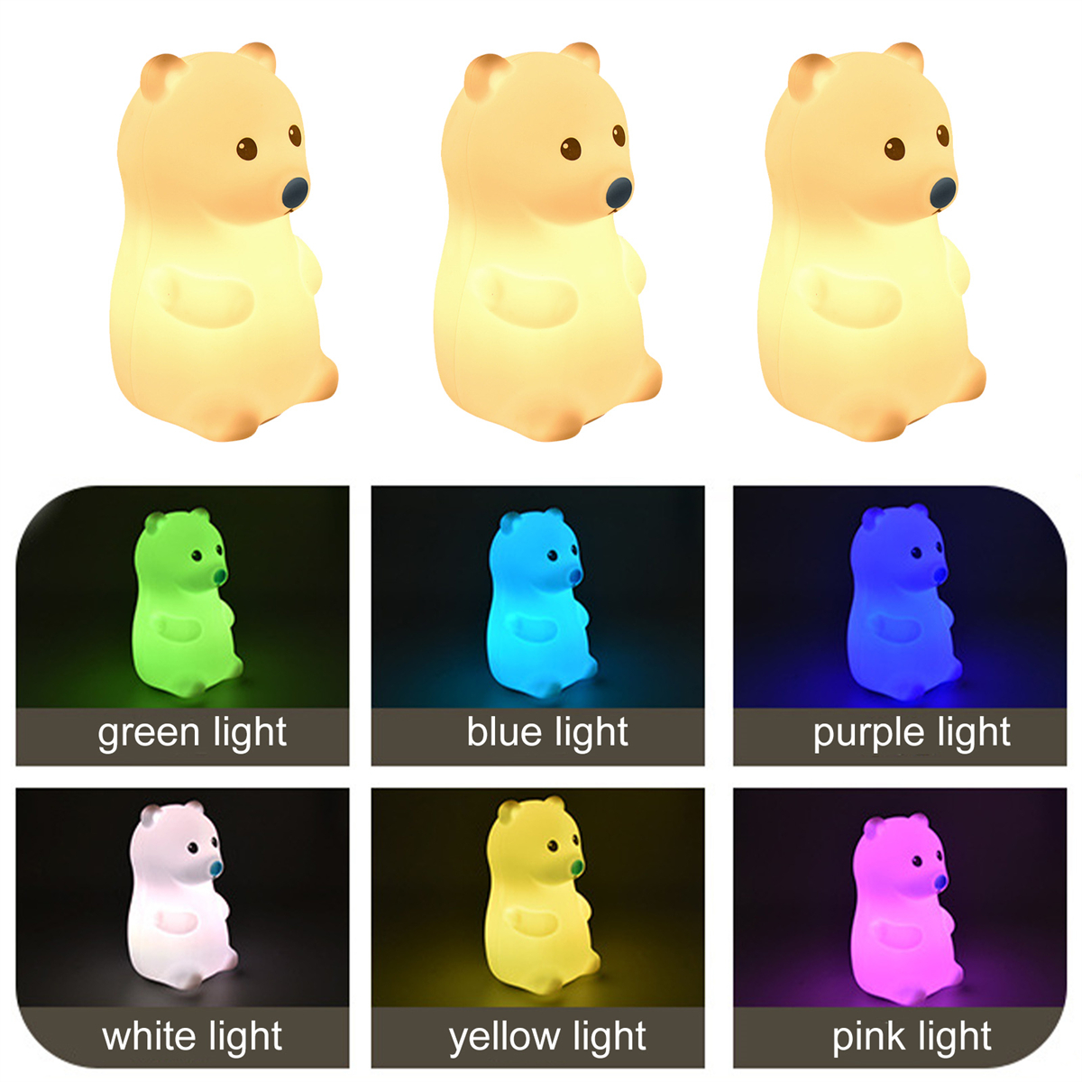 Sechs bärenförmige Nachtlichter in verschiedenen Farben: weiß, gelb, rosa, grün, blau und lila.
