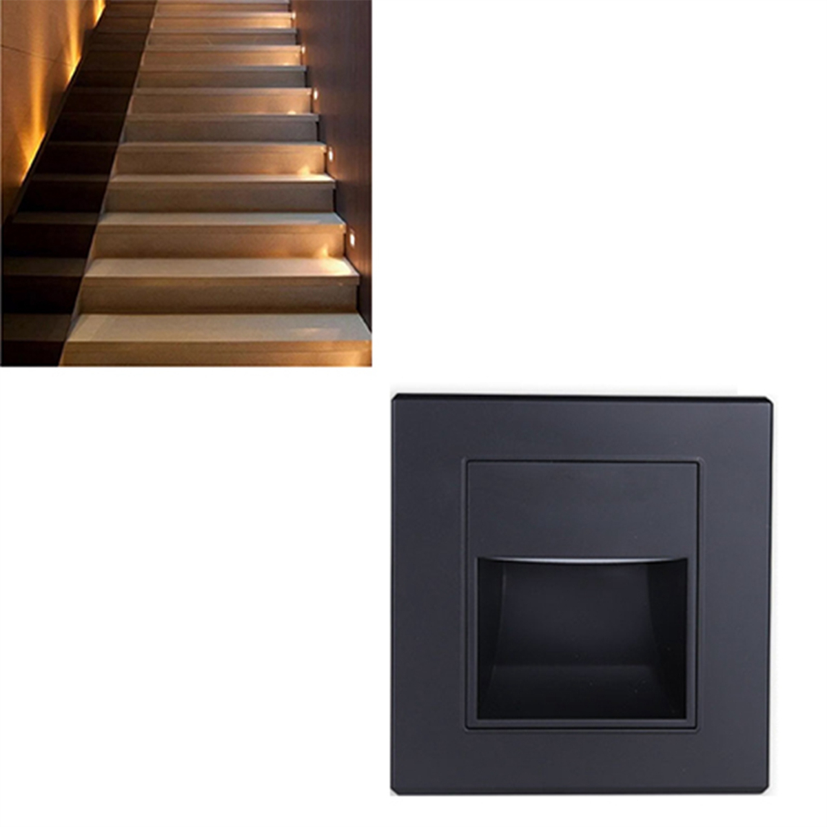 Holztreppe mit Einbauleuchten und eine schwarze Einbauleuchte.