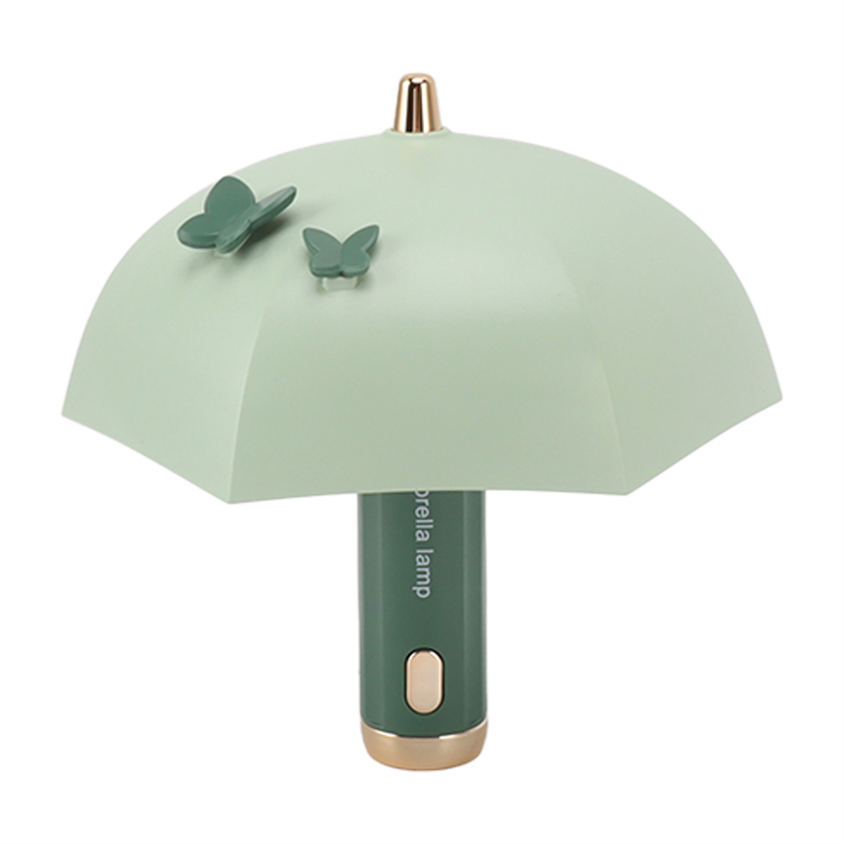 Grüne Schirmlampe mit Schmetterlingen oben. Weißer Hintergrund.