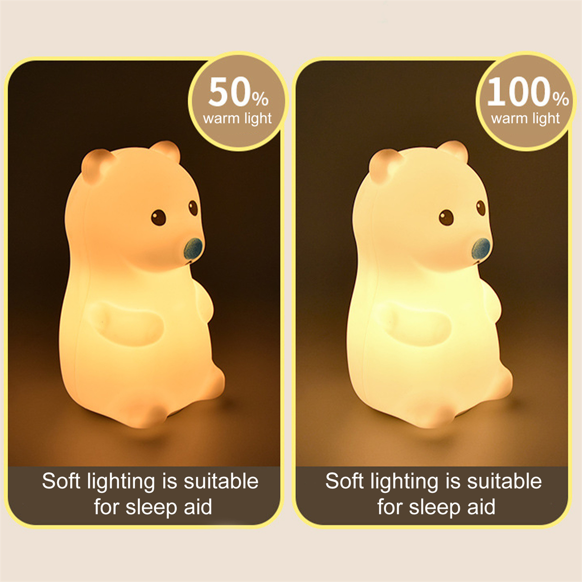 Zwei bärenförmige Lampen, eine mit 50% warmem Licht und eine mit 100% warmem Licht. Text: weiches Licht ist für Schlaf.