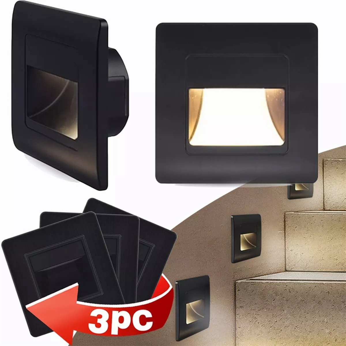 Schwarze Einbau-LED-Leuchten. Eine auf Treppen installiert, andere mit rotem Pfeil.