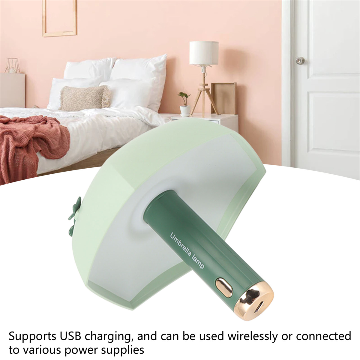 Grüne pilzförmige Schirmlampe mit USB-Anschluss und hellem Hintergrund.