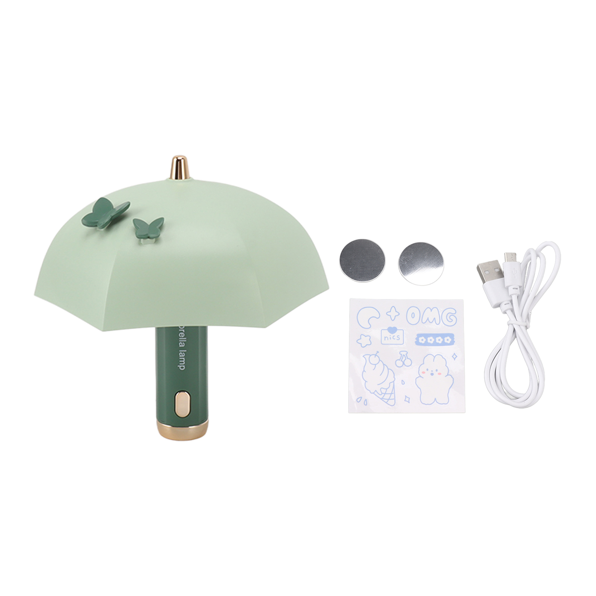 Eine grüne Regenschirmlampe mit zwei Schmetterlingsdekorationen und Aufklebern. Sie hat auch ein Ladekabel und zwei Metallscheiben.