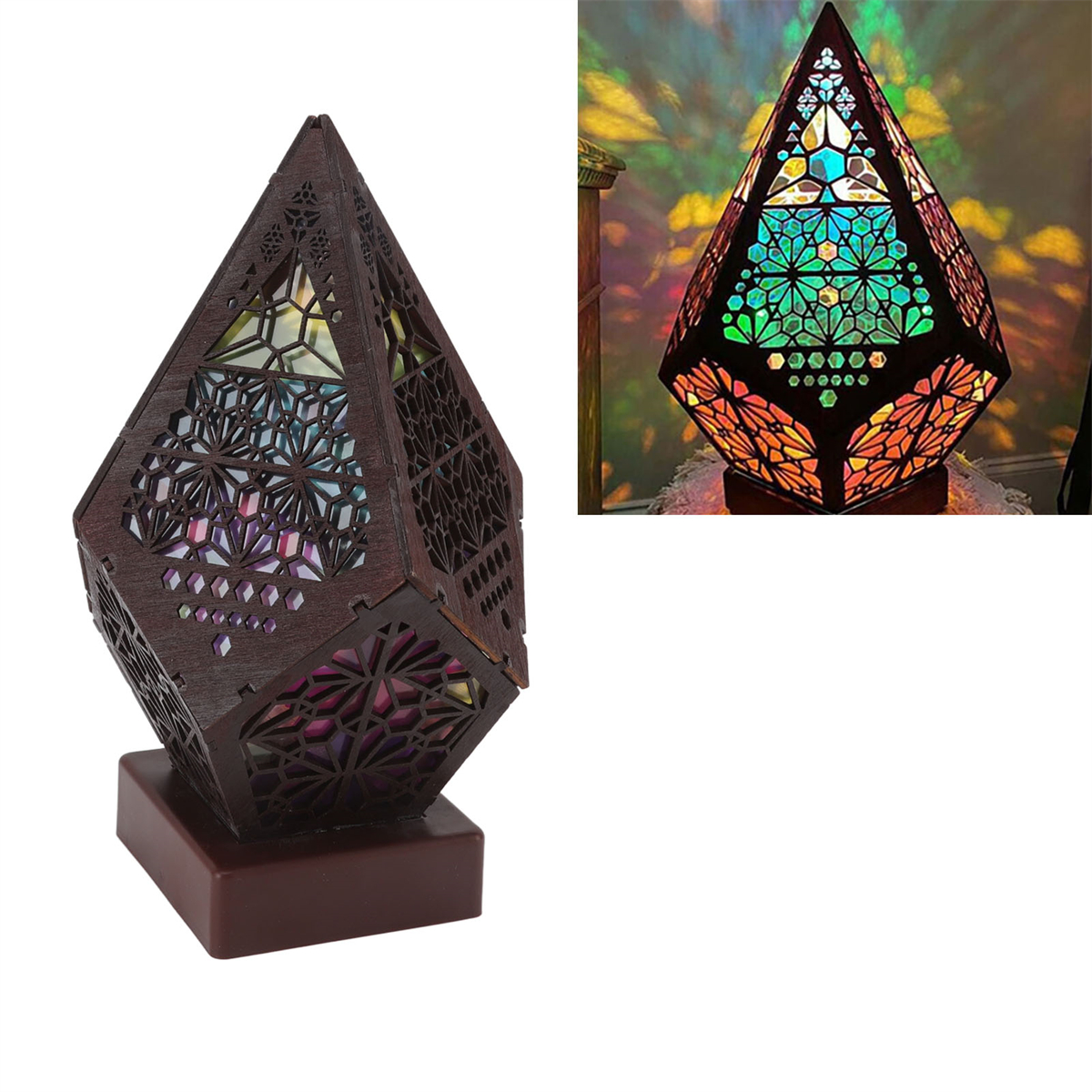 Eine hölzerne geometrische Lampe mit ausgeschnittenen Designs. Sie projiziert farbenfrohe Lichtmuster.