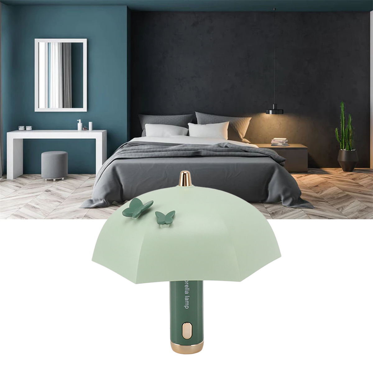 Grüne schirmförmige Lampe in einem Schlafzimmer. Schmetterlinge oben drauf.