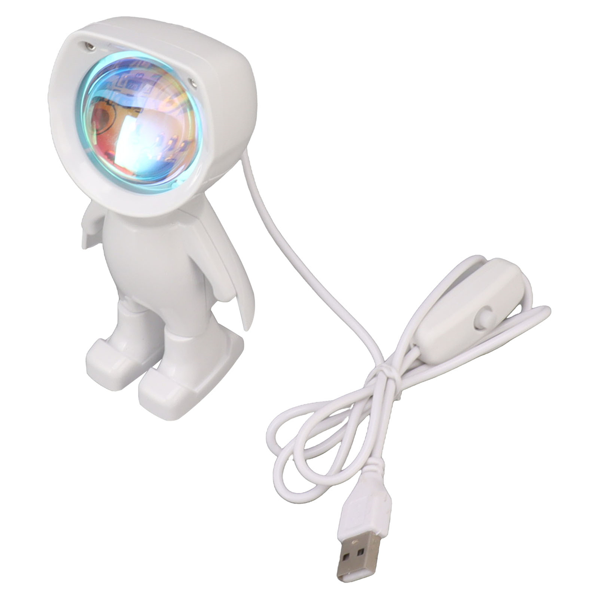 Weiße Roboterförmige Lampe. Sie hat ein farbenfrohes Licht. Sie hat ein USB-Kabel mit Schalter.