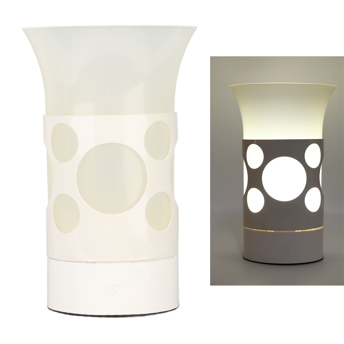 Weiße Lampe mit zylindrischem Körper und ausgestelltem Oberteil. Die Lampe hat einen kleinen Knopf und runde Löcher.