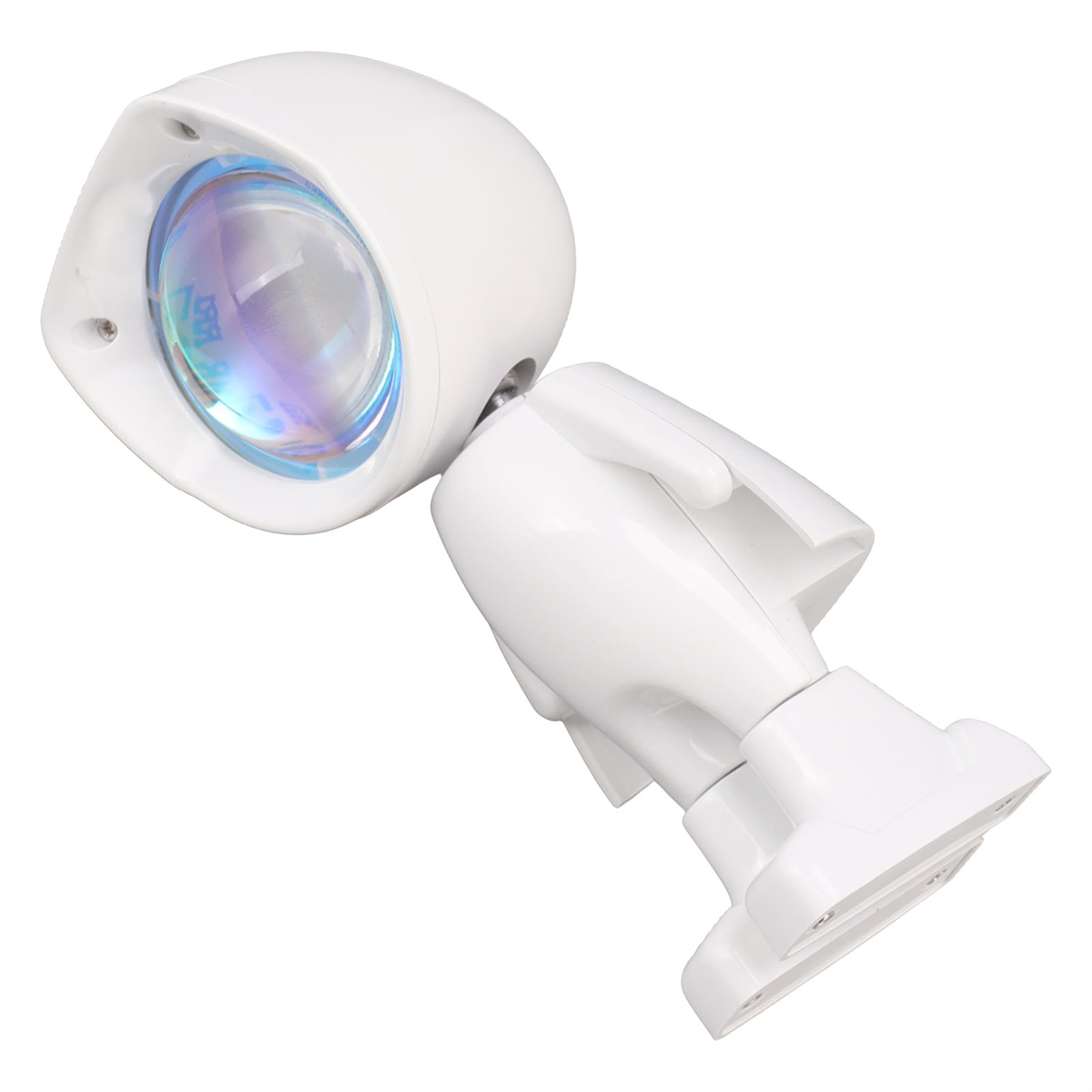 Weiße Lampe mit kreisförmigem Licht und gebogenem Arm, seitlich abgewinkelt.
