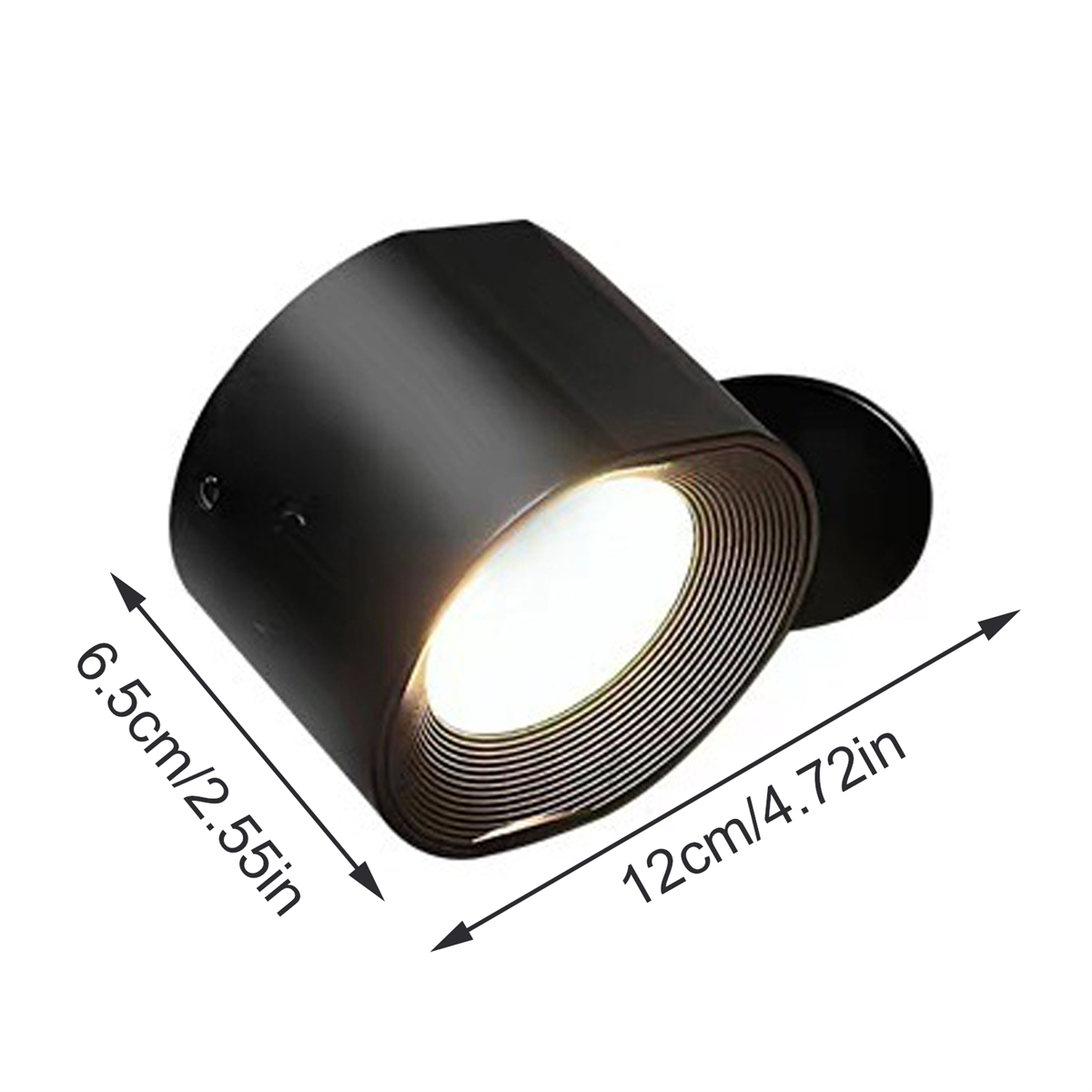 Schwarze zylindrische Lampe mit hellem Licht. Maße: 6,5x12cm. Weißer Hintergrund.