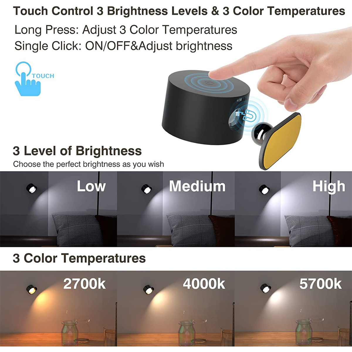 Eine schwarze Lampe mit Touch-Steuerung, die Helligkeits- und Farbtemperatureinstellungen zeigt.