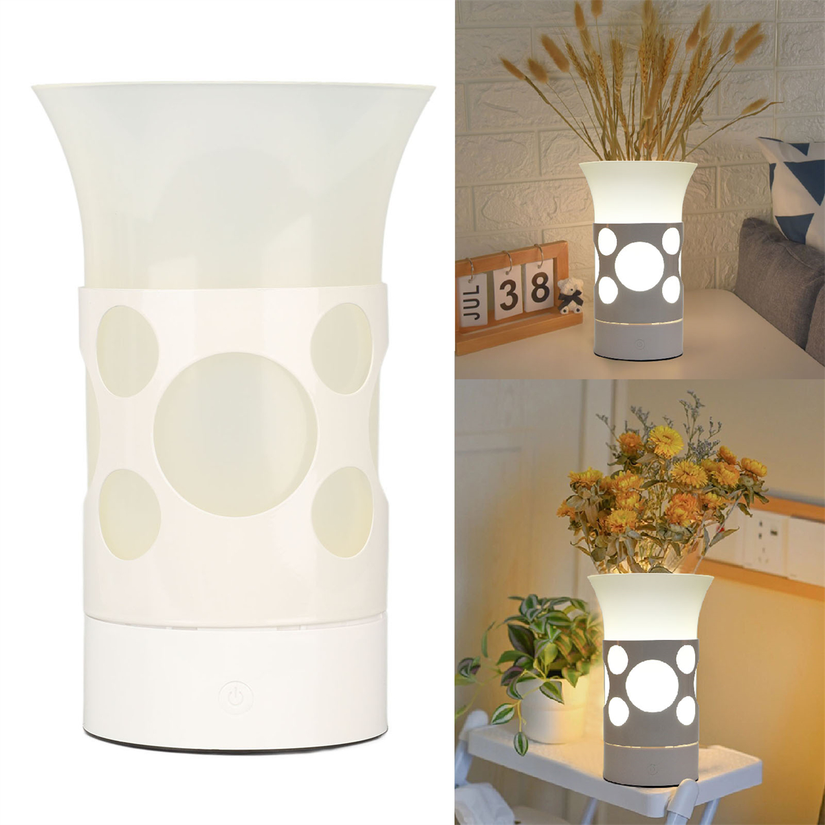 Eine weiße, zylindrische Lampe mit gemustertem Körper und hellem Licht oben.